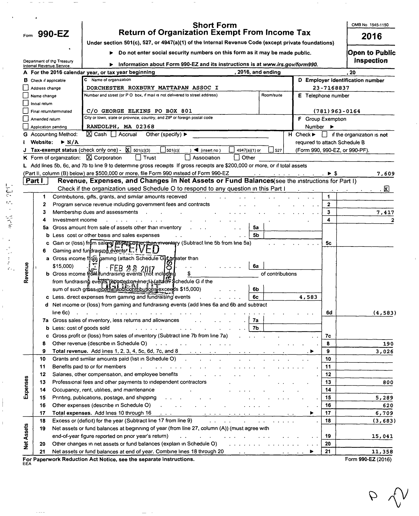 Image of first page of 2016 Form 990EZ for Dorchester Roxbury Mattapan Association I