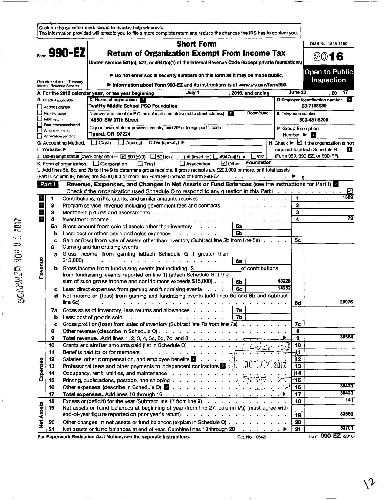 Image of first page of 2016 Form 990EZ for Twality Middle School Pso Foundation