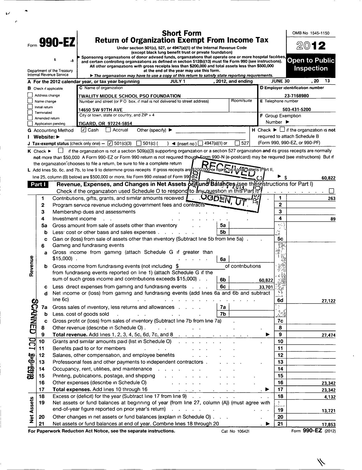 Image of first page of 2012 Form 990EZ for Twality Middle School Pso Foundation