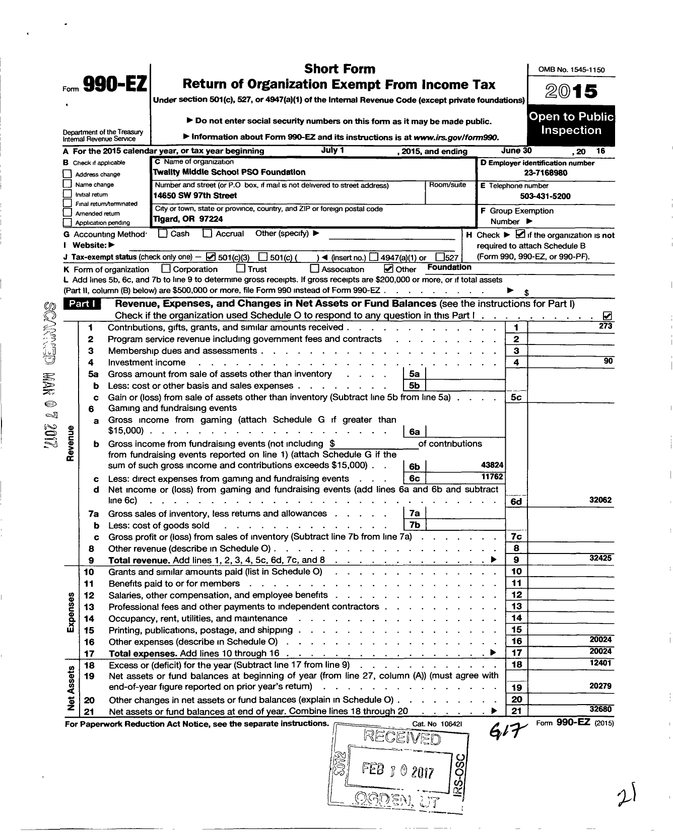 Image of first page of 2015 Form 990EZ for Twality Middle School Pso Foundation