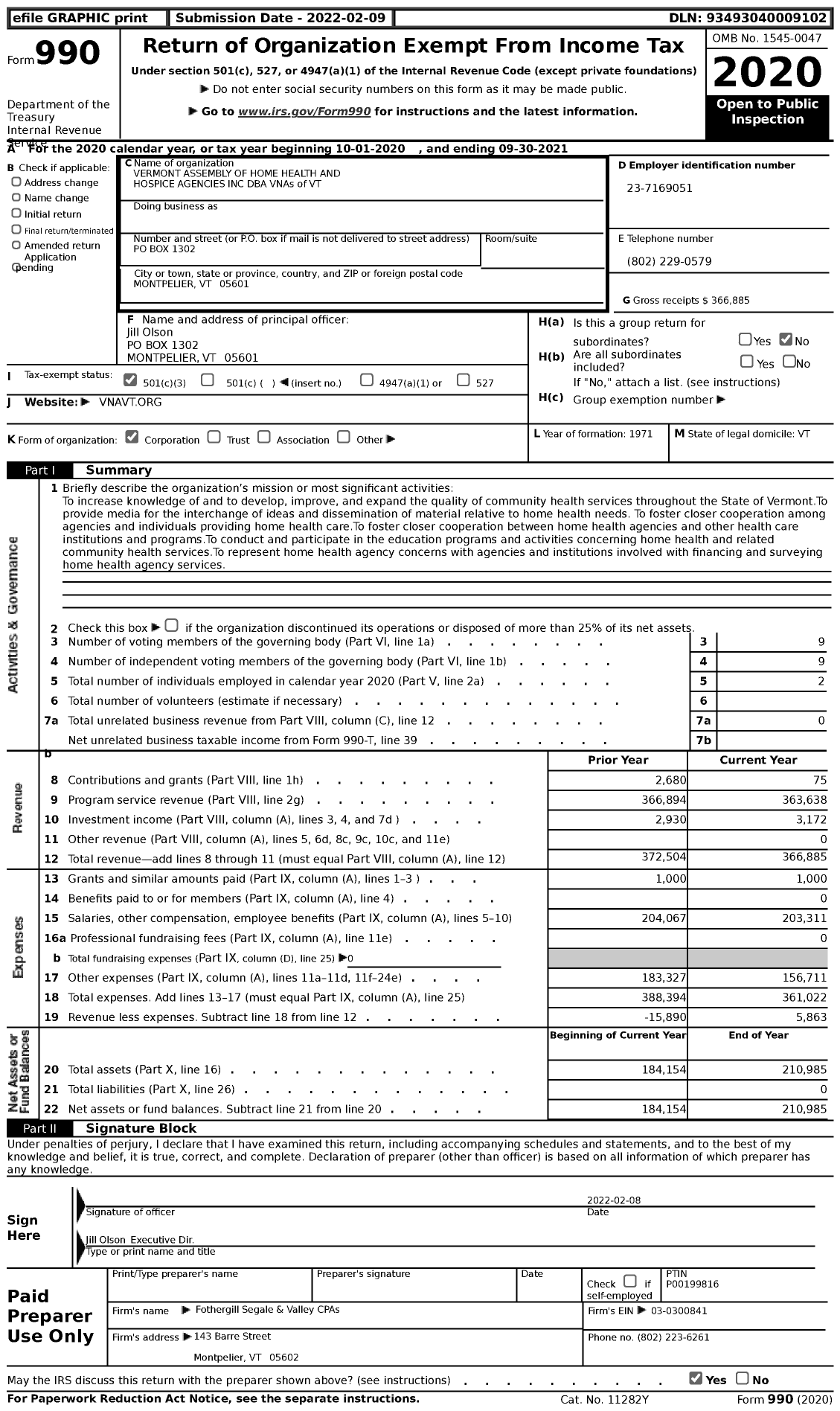 Image of first page of 2020 Form 990 for VNAs of VT