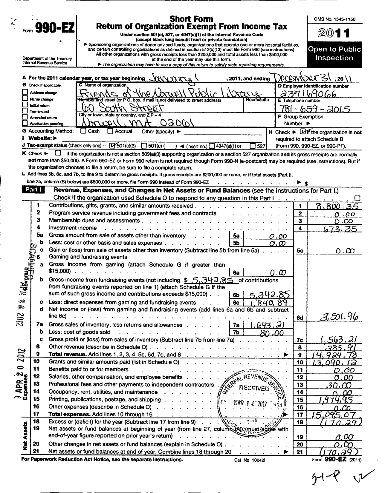 Image of first page of 2011 Form 990EZ for Friends of the Norwell Public Library