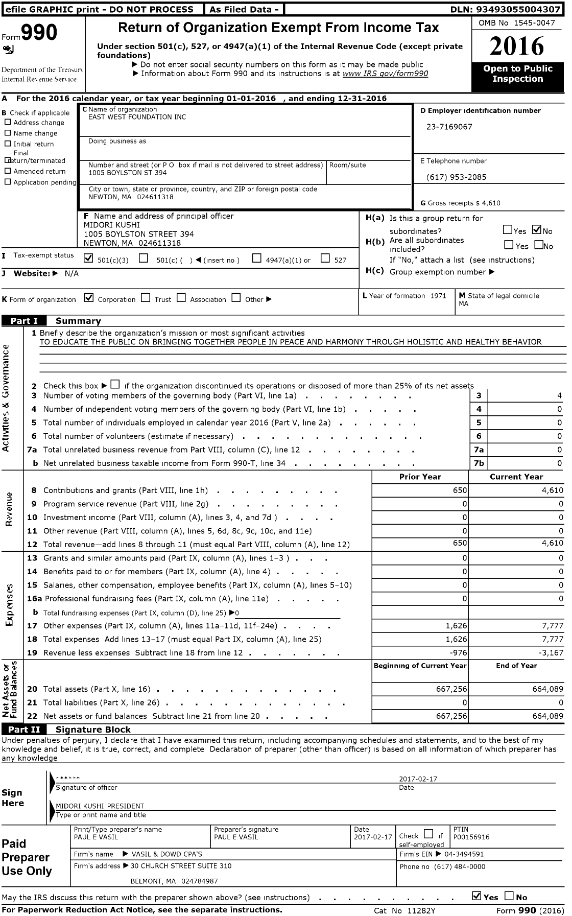 Image of first page of 2016 Form 990 for East West Foundation