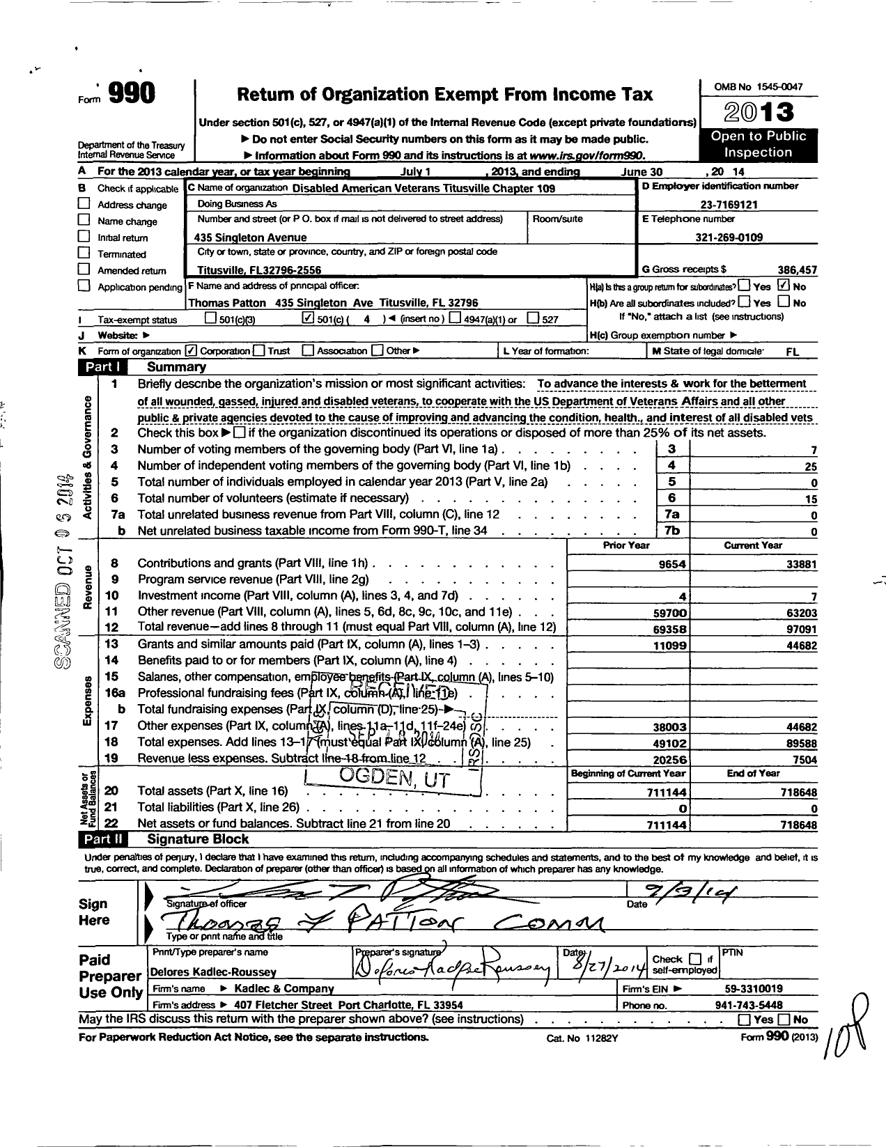 Image of first page of 2013 Form 990O for Disabled American Veterans - 109 Titusville