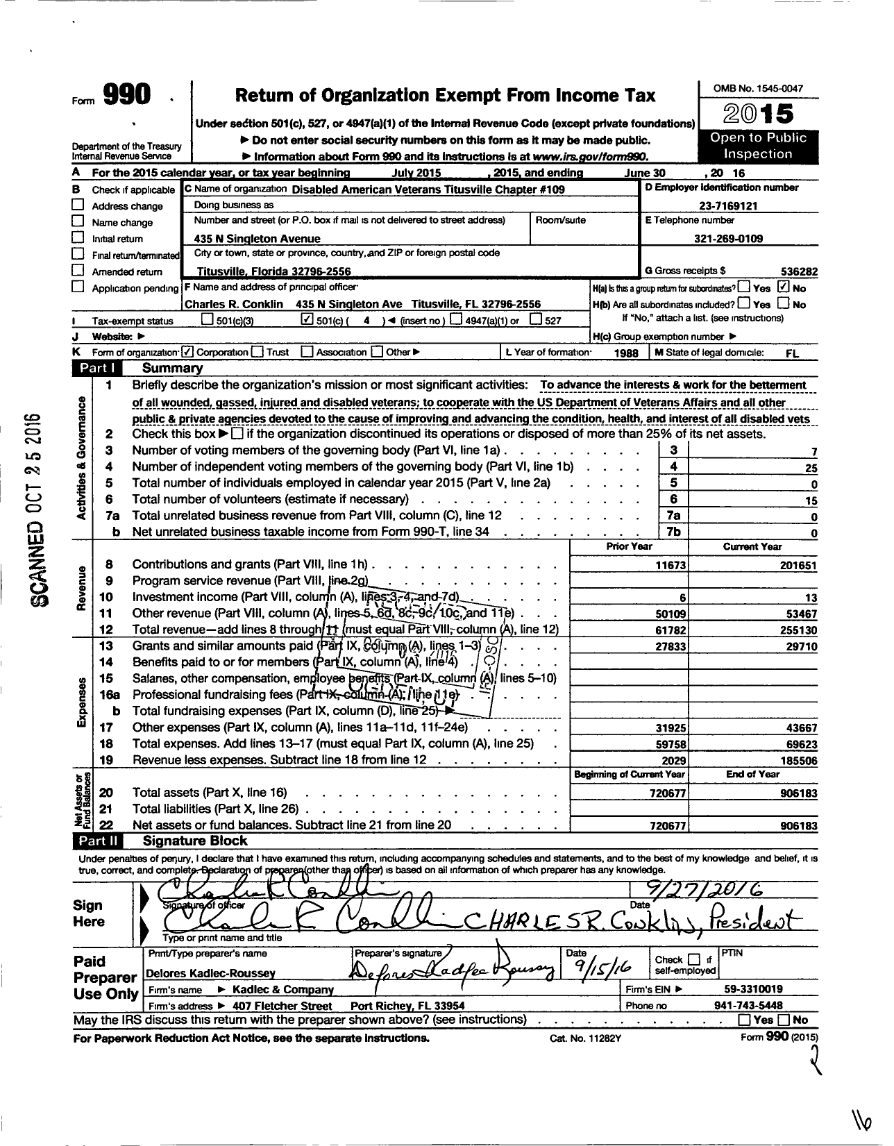 Image of first page of 2015 Form 990O for Disabled American Veterans - 109 Titusville