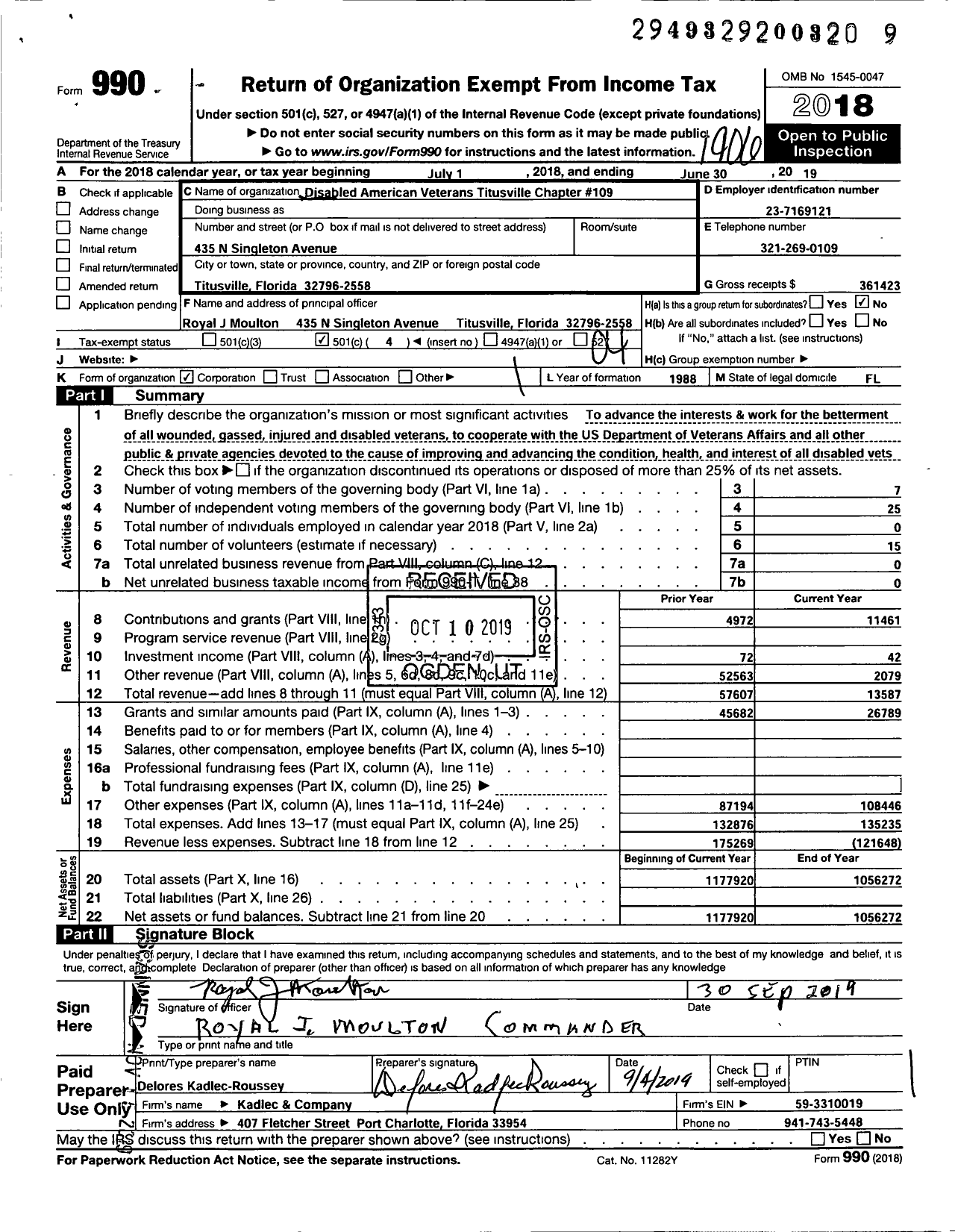 Image of first page of 2018 Form 990O for Disabled American Veterans - 109 Titusville