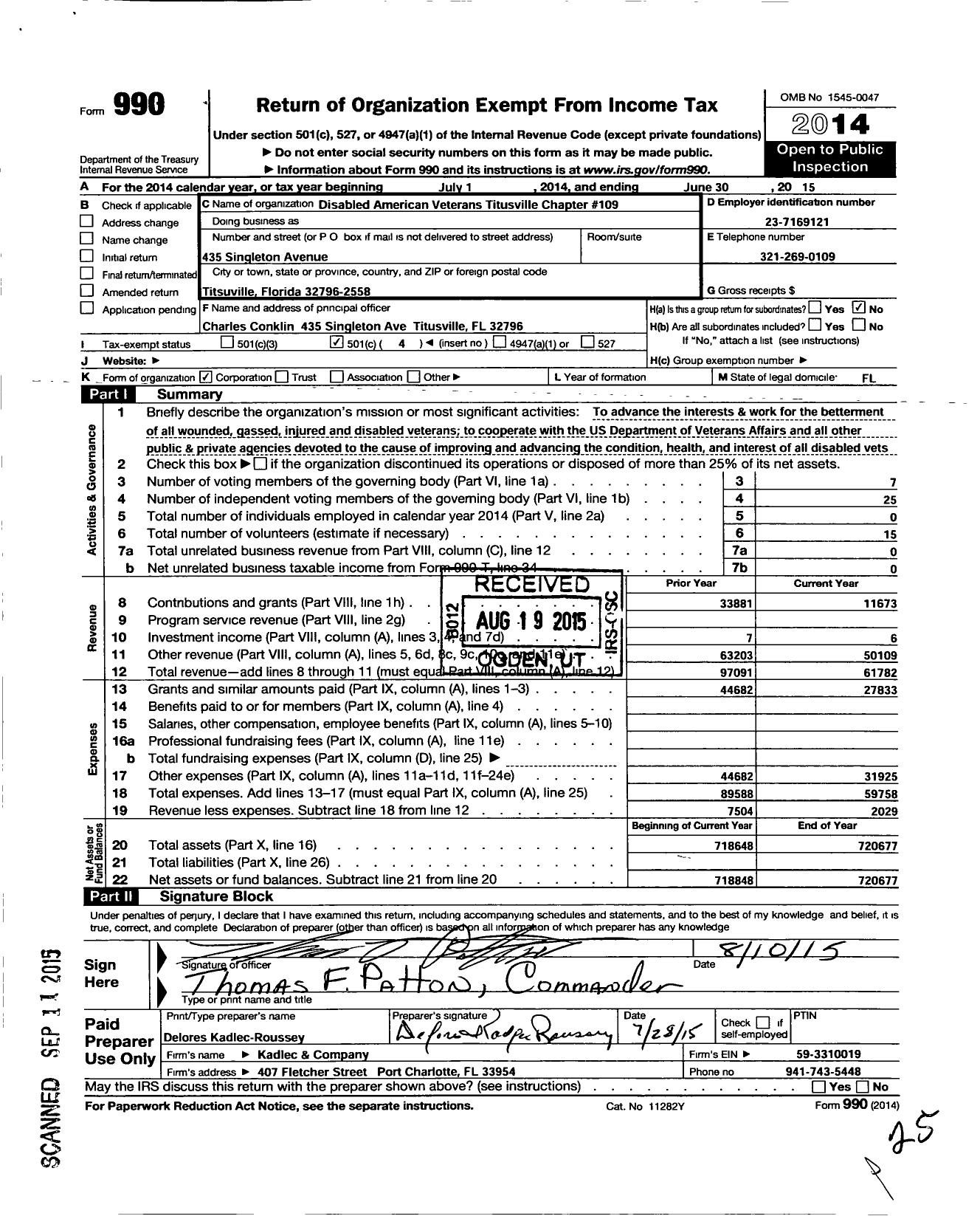 Image of first page of 2014 Form 990O for Disabled American Veterans - 109 Titusville