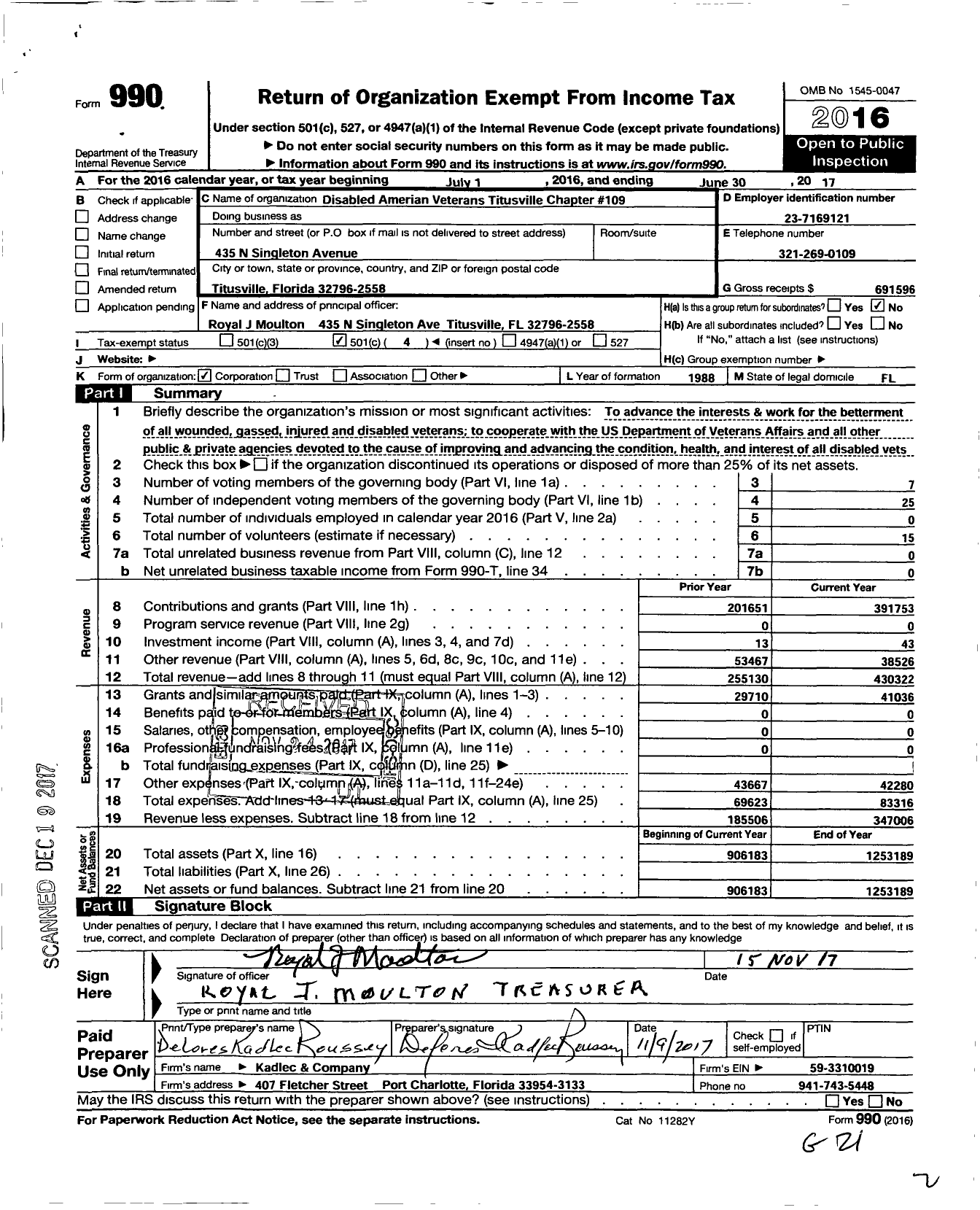 Image of first page of 2016 Form 990O for Disabled American Veterans - 109 Titusville