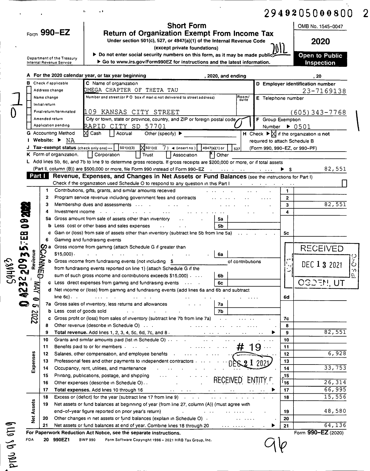 Image of first page of 2020 Form 990EO for Omega Chapter of Theta Tau Fraternity