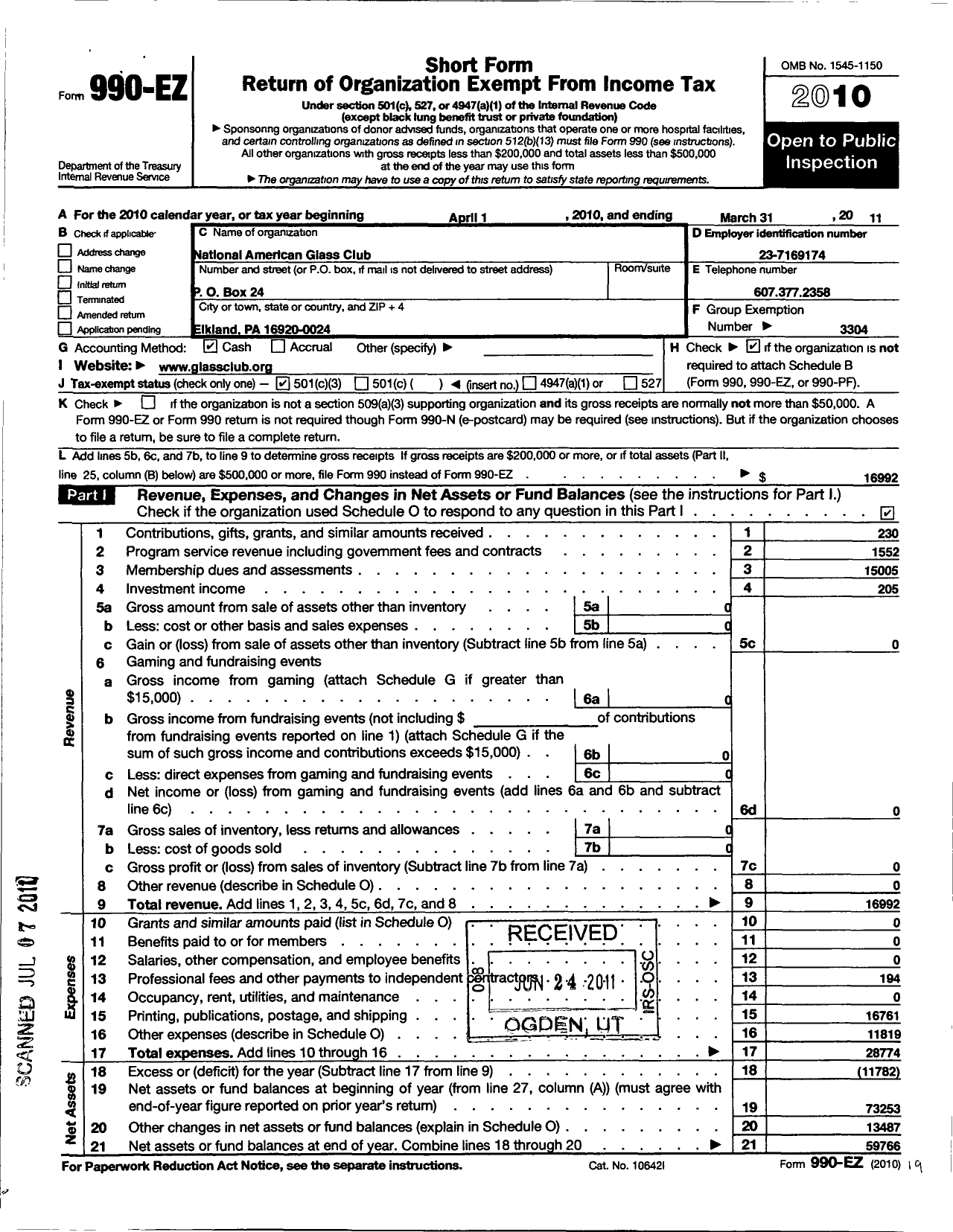 Image of first page of 2010 Form 990EZ for National American Glass Club