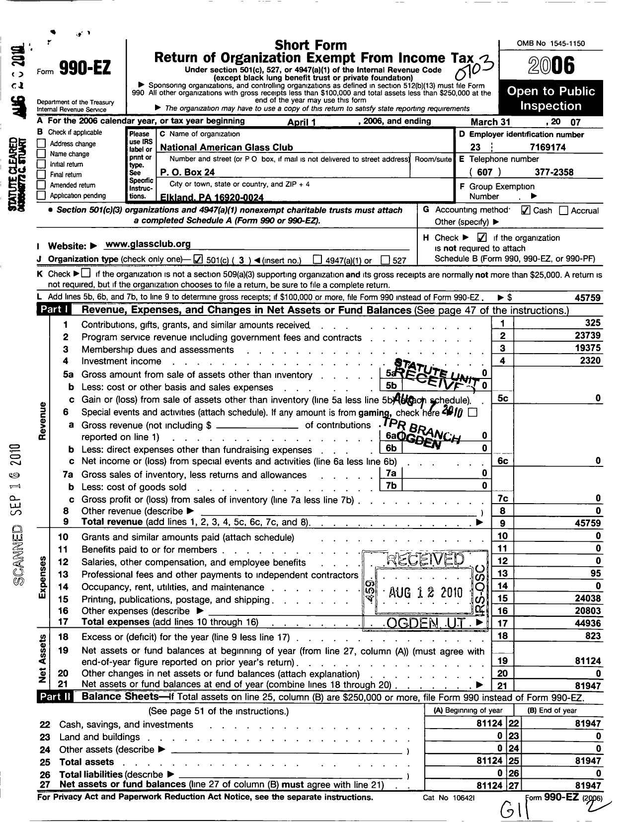 Image of first page of 2006 Form 990EZ for National American Glass Club