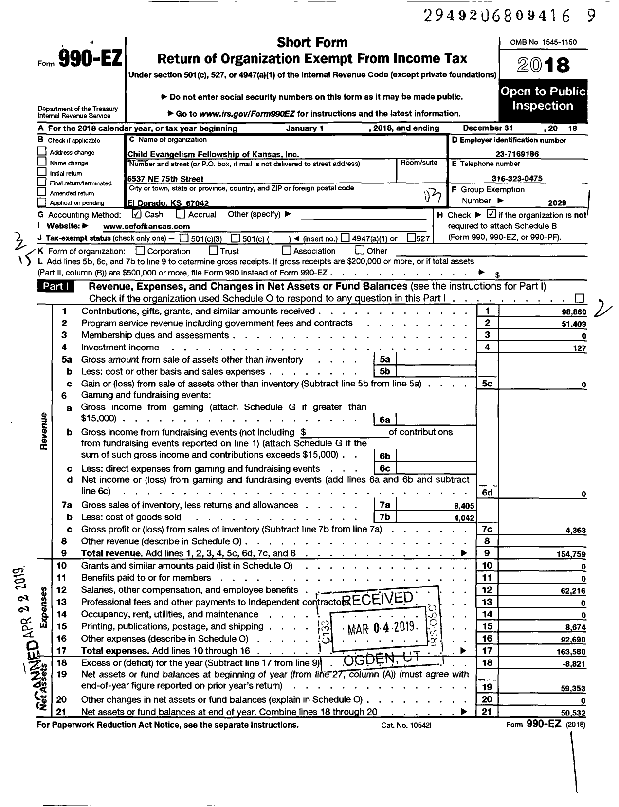 Image of first page of 2018 Form 990EZ for Child Evangelism Fellowship - Kansas Chapter