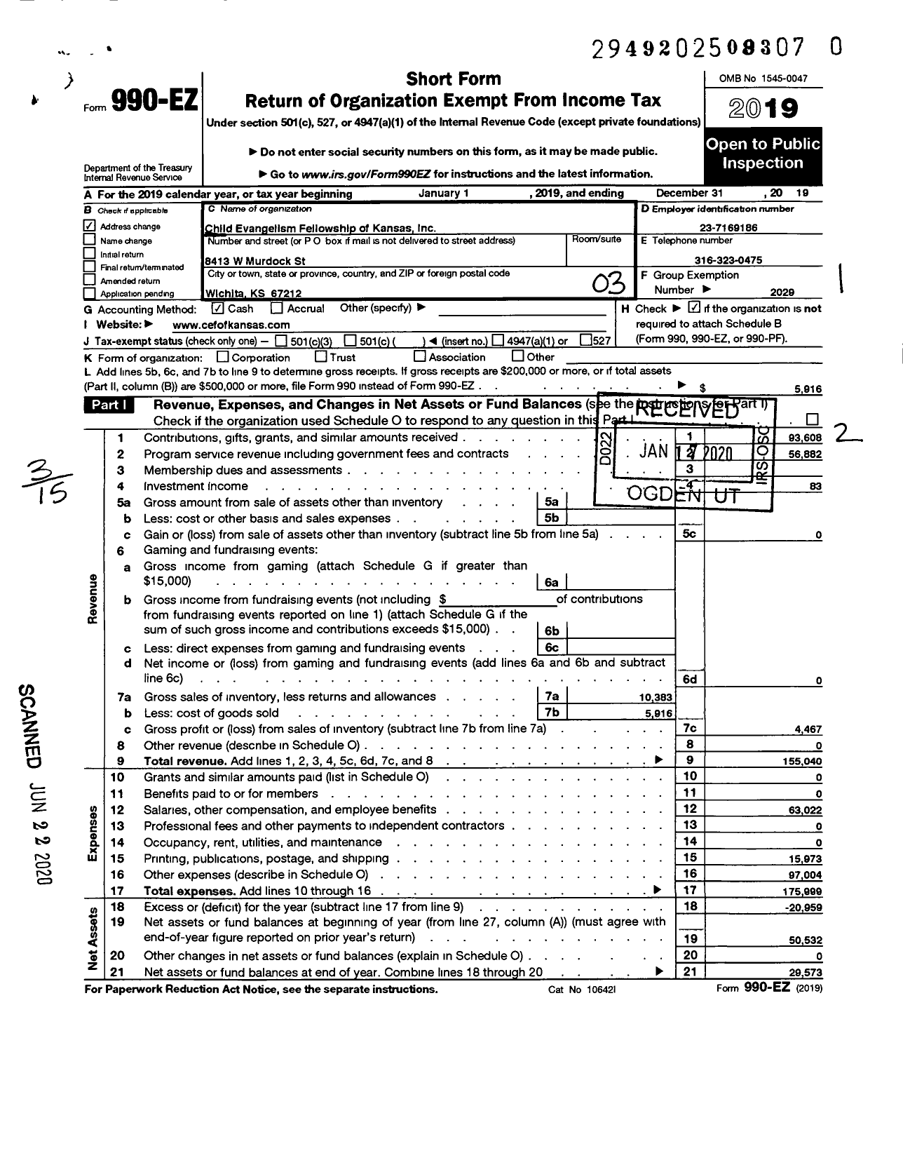 Image of first page of 2019 Form 990EZ for Child Evangelism Fellowship - Kansas Chapter