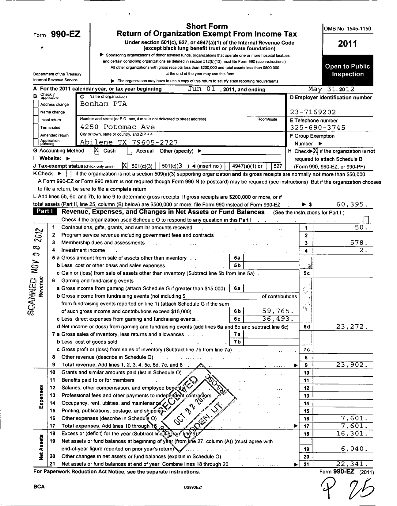 Image of first page of 2011 Form 990EZ for Texas PTA - Bonham Elementary