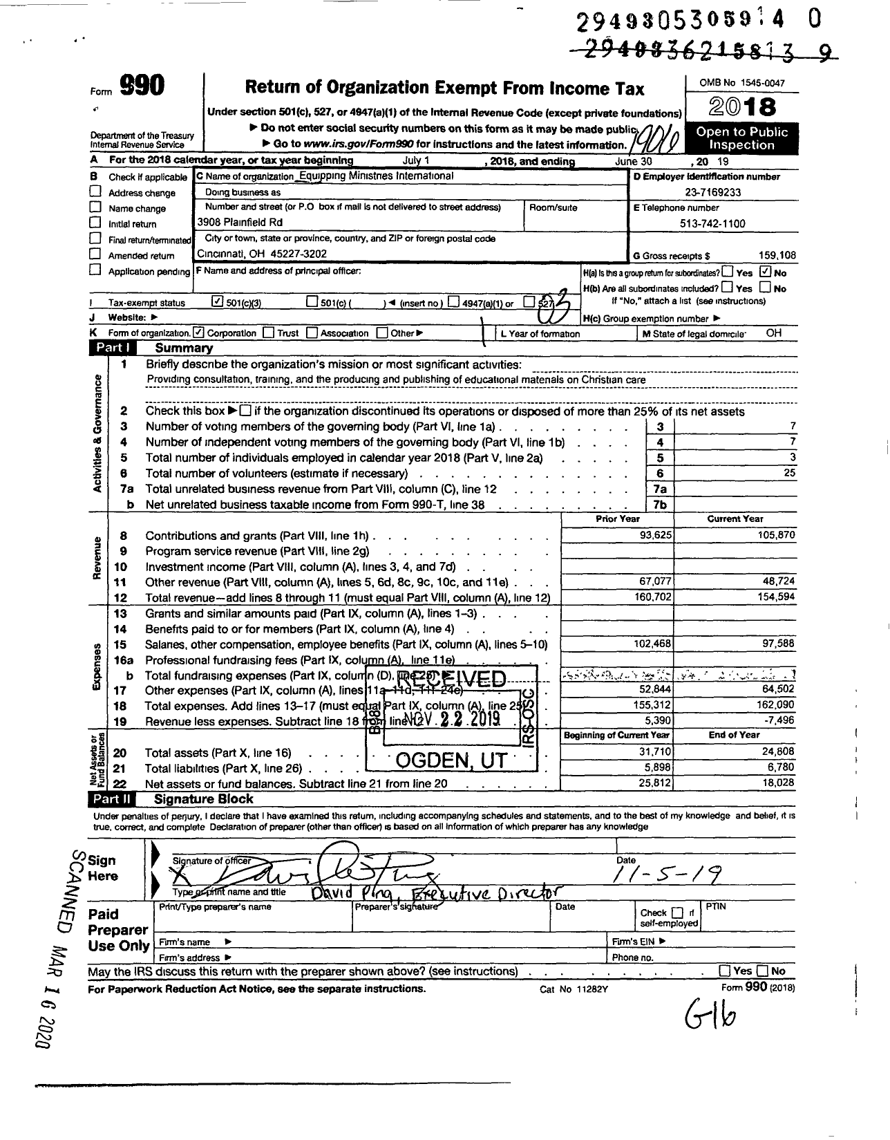 Image of first page of 2018 Form 990 for Equipping Ministries International