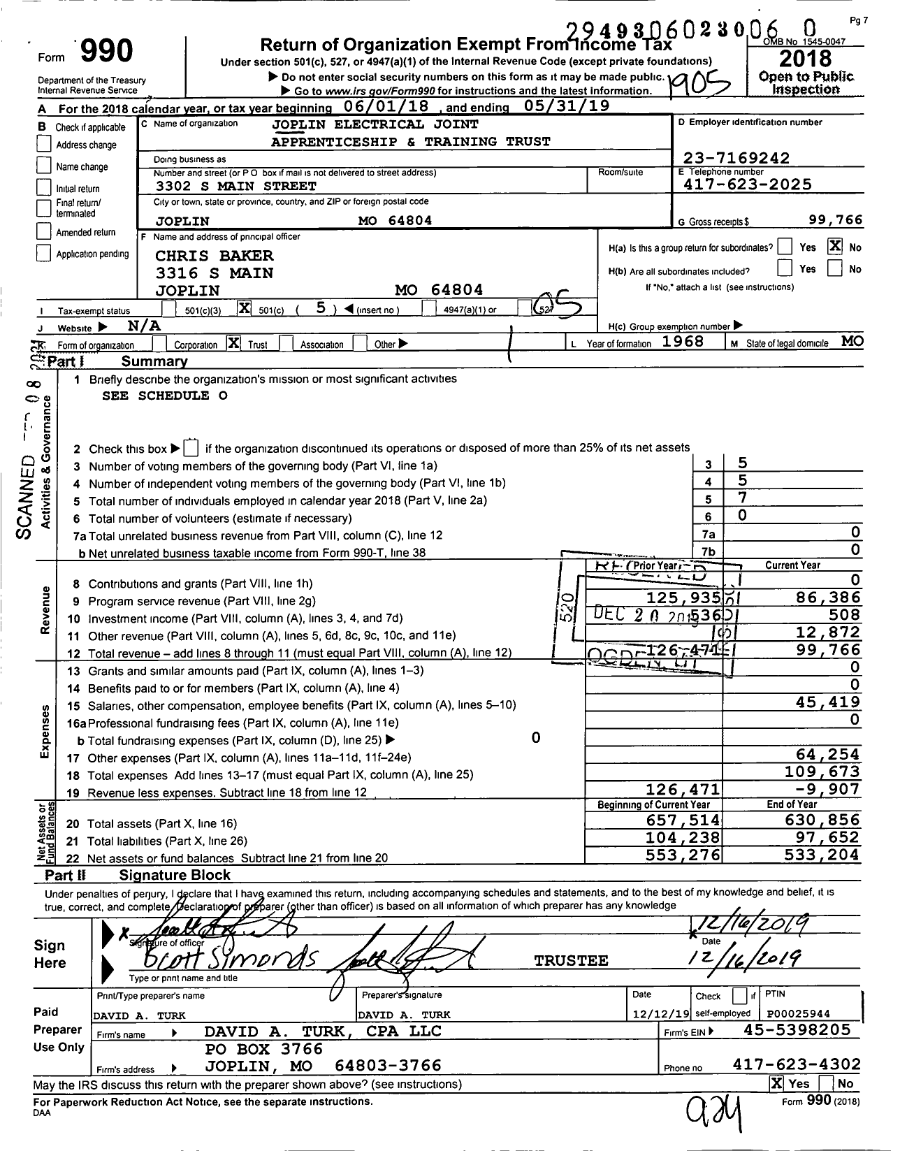Image of first page of 2018 Form 990O for Joplin Electrical JNT Apprenticeship and Training