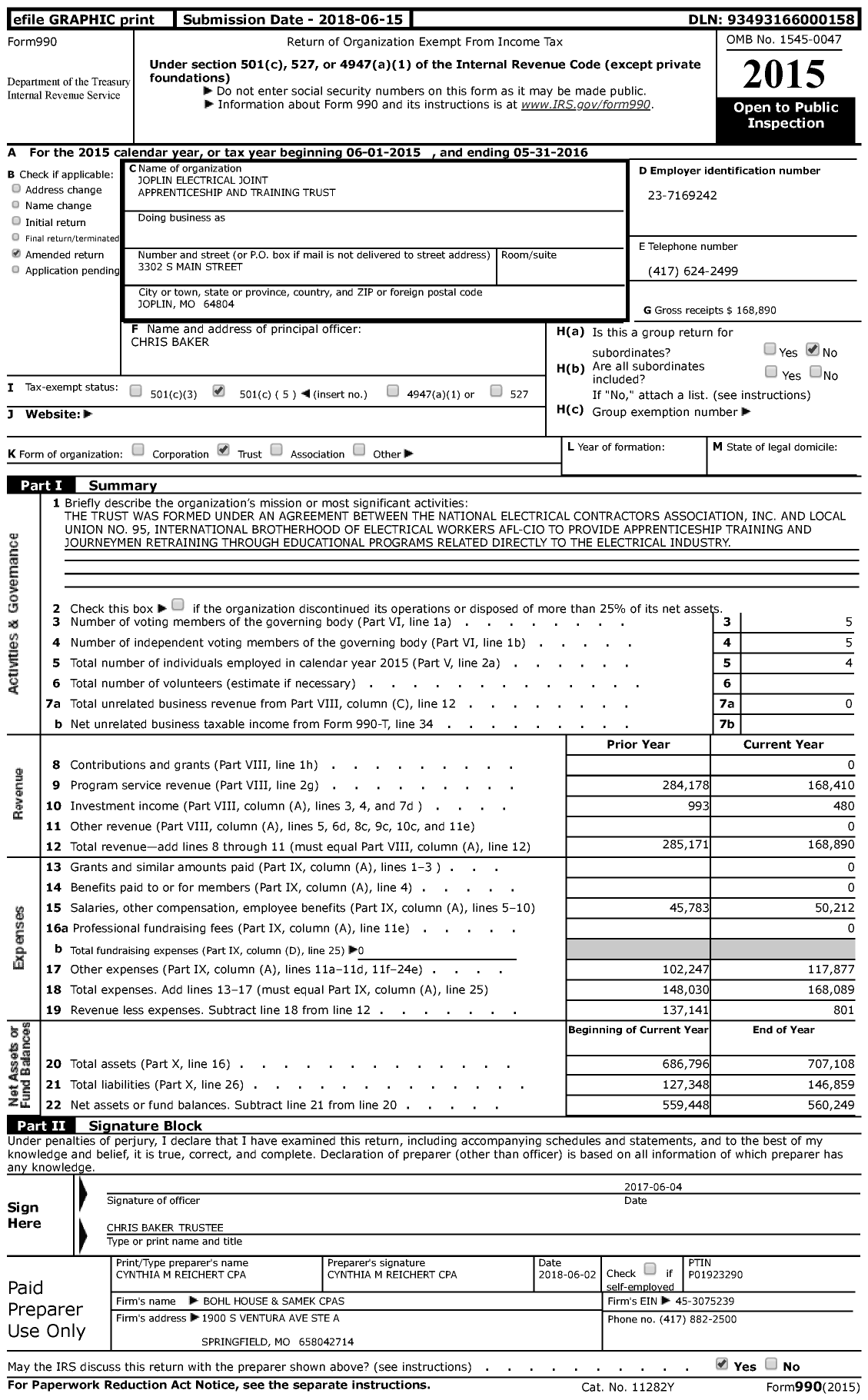 Image of first page of 2015 Form 990 for Joplin Electrical JNT Apprenticeship and Training