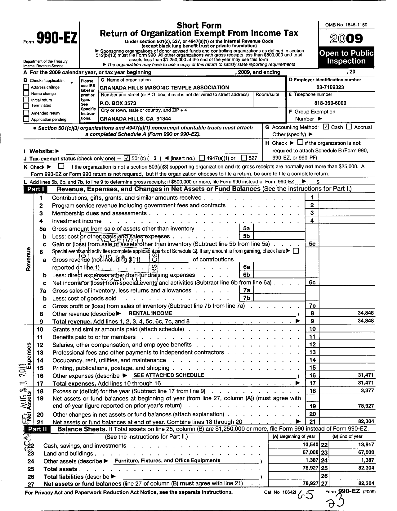 Image of first page of 2009 Form 990EZ for Granada Hills Masonic Temple Association