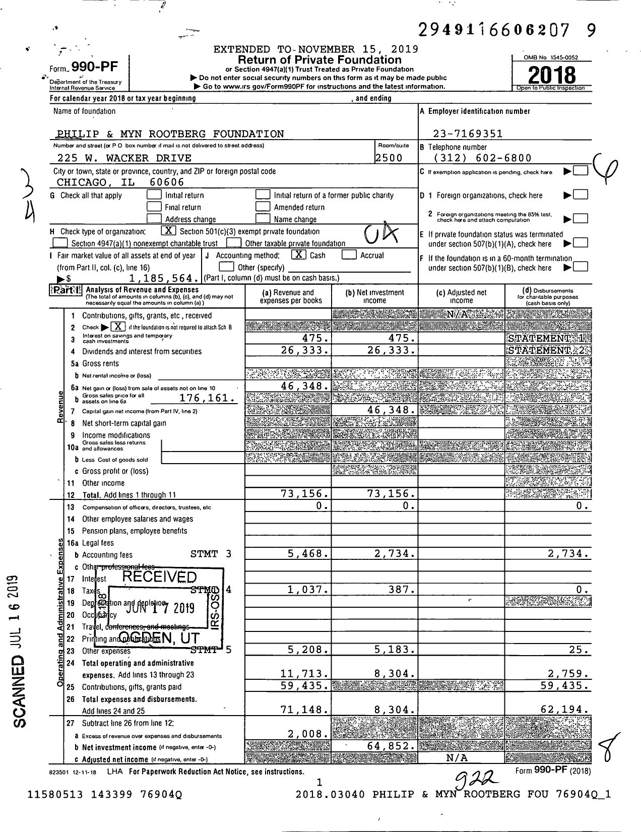 Image of first page of 2018 Form 990PF for Philip and Myn Rootberg Foundation