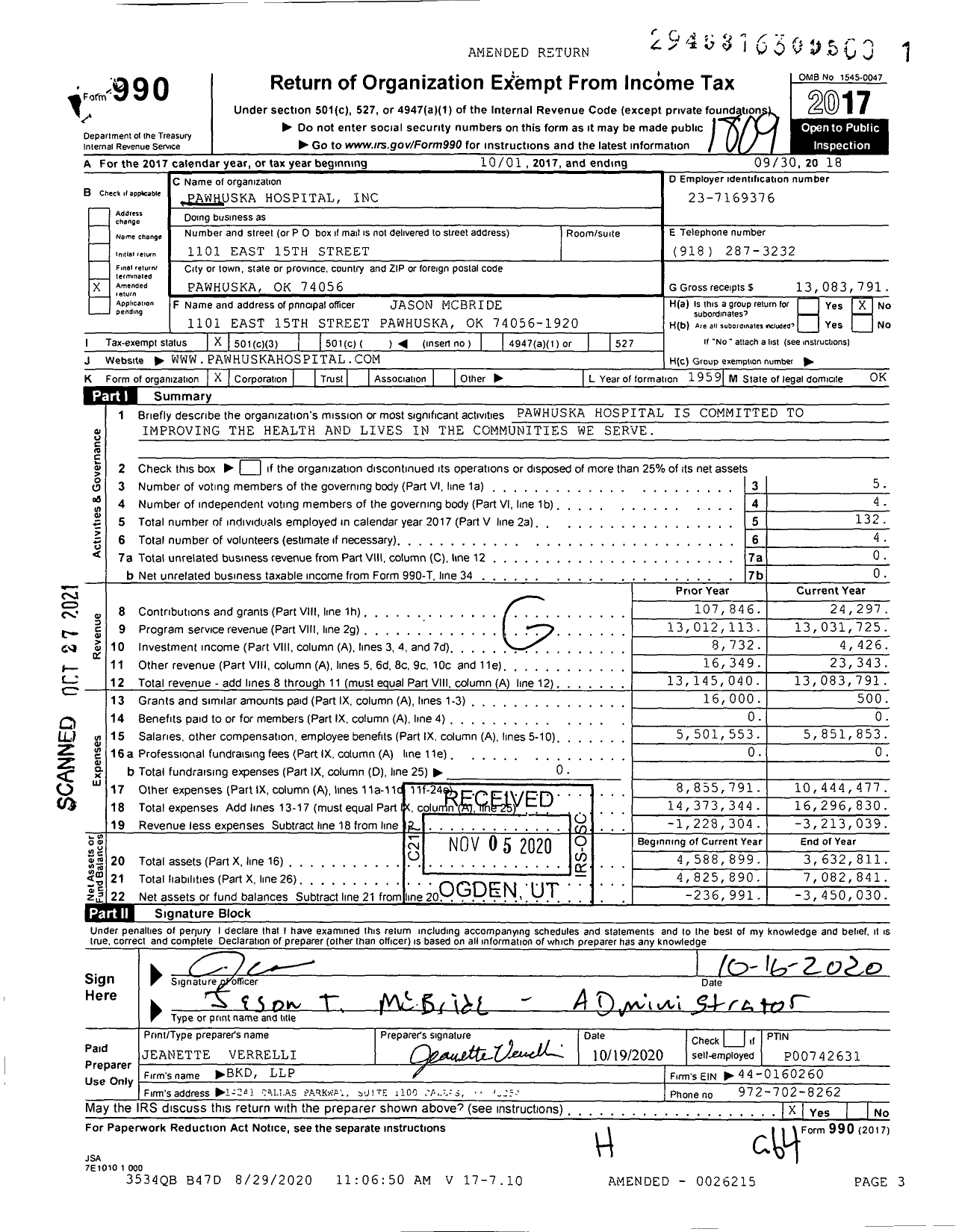 Image of first page of 2017 Form 990 for Pawhuska Hospital