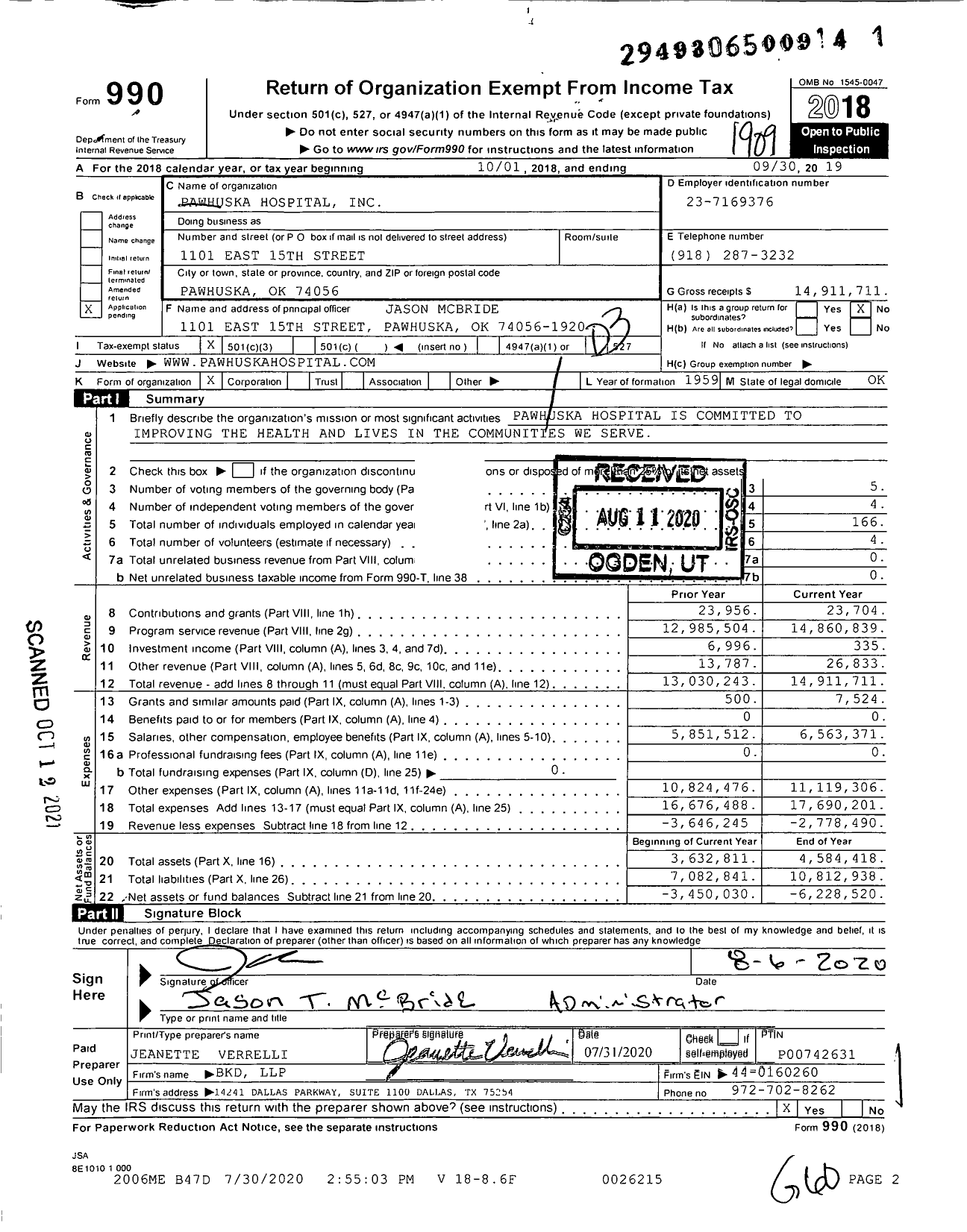 Image of first page of 2018 Form 990 for Pawhuska Hospital