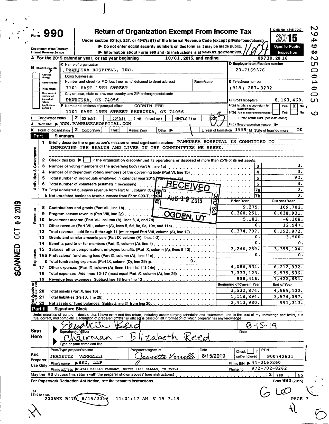 Image of first page of 2015 Form 990 for Pawhuska Hospital
