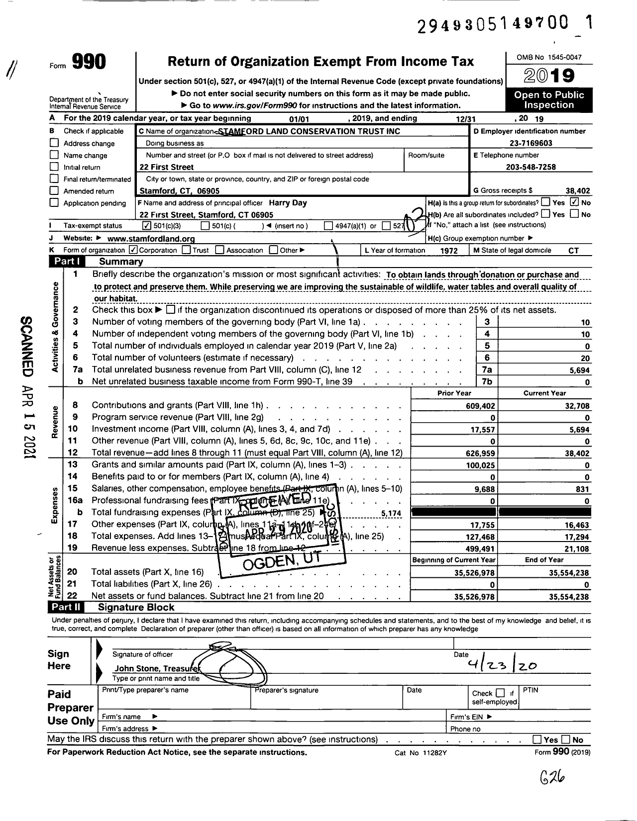 Image of first page of 2019 Form 990 for Stamford Land Conservation Trust