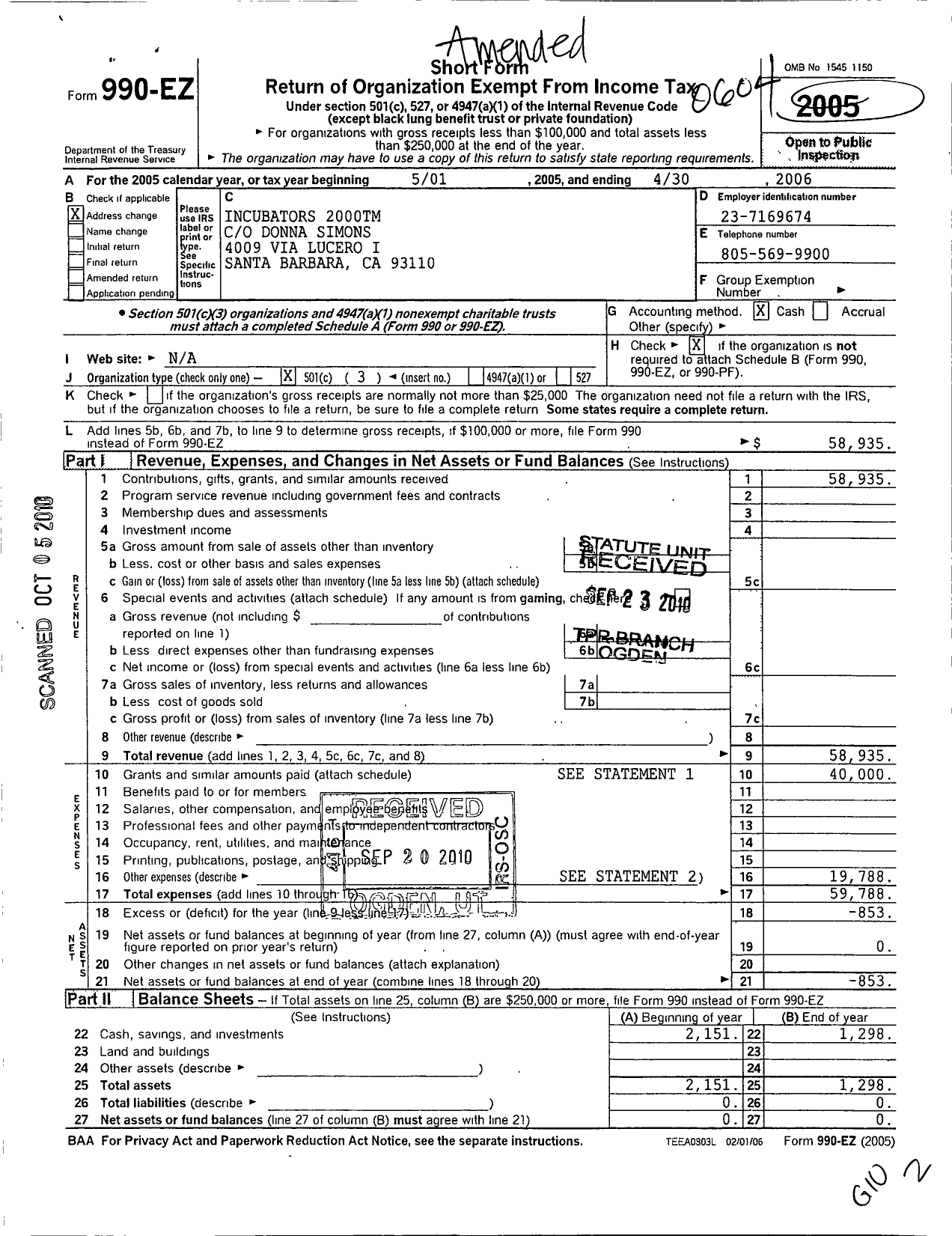 Image of first page of 2005 Form 990EZ for Incubators 2000tm