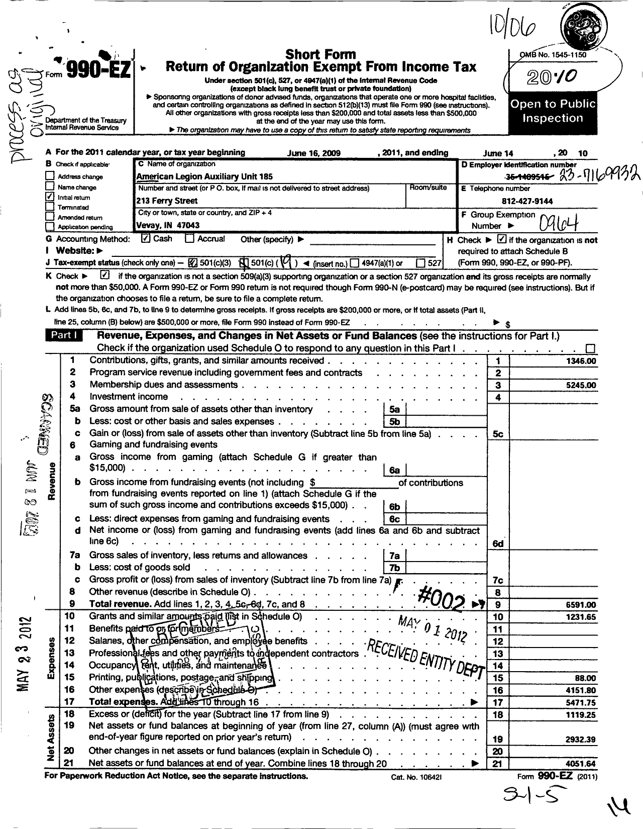 Image of first page of 2009 Form 990EO for American Legion Auxiliary - 185 Edwin C Danner