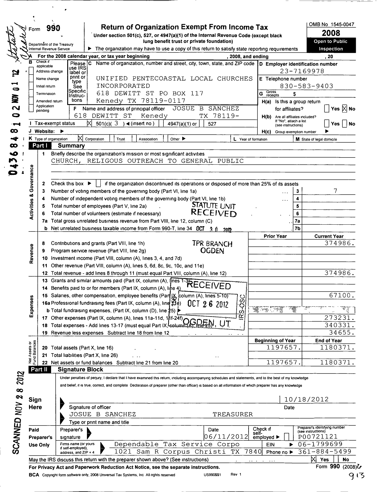 Image of first page of 2008 Form 990 for Unified Pentecoastal Local Churches Incorporated