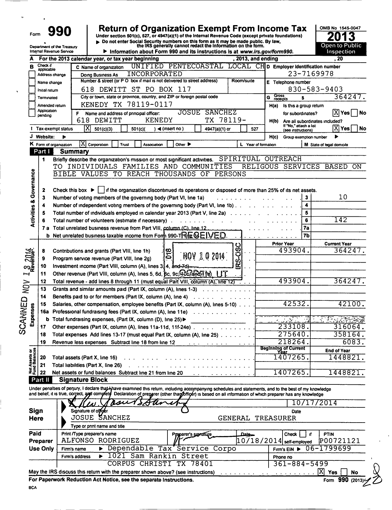 Image of first page of 2013 Form 990 for Unified Pentecoastal Local Churches Incorporated