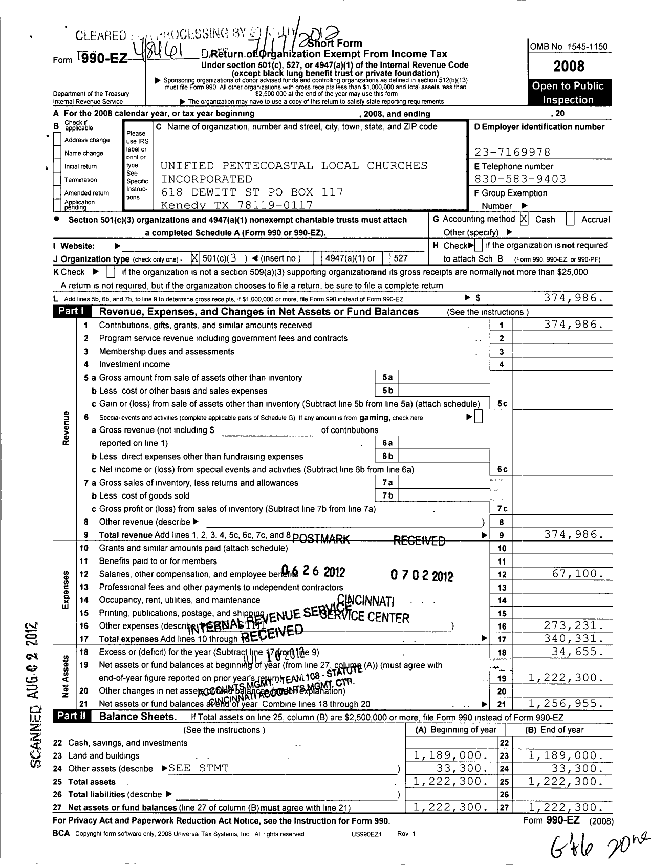 Image of first page of 2008 Form 990EZ for Unified Pentecoastal Local Churches Incorporated