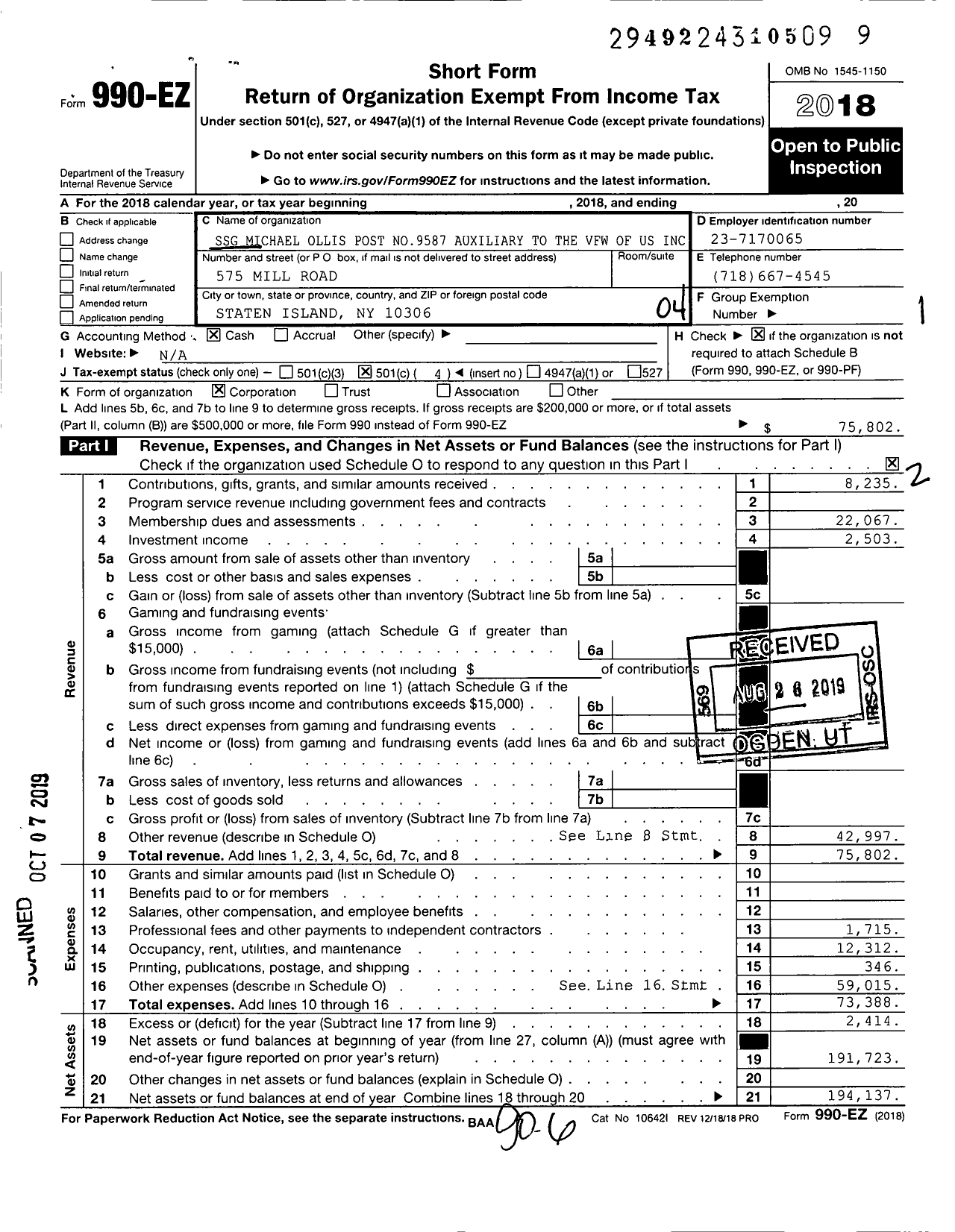 Image of first page of 2018 Form 990EO for SSG Michael Ollis Post No9587 Auxiliary To the VFW of Us