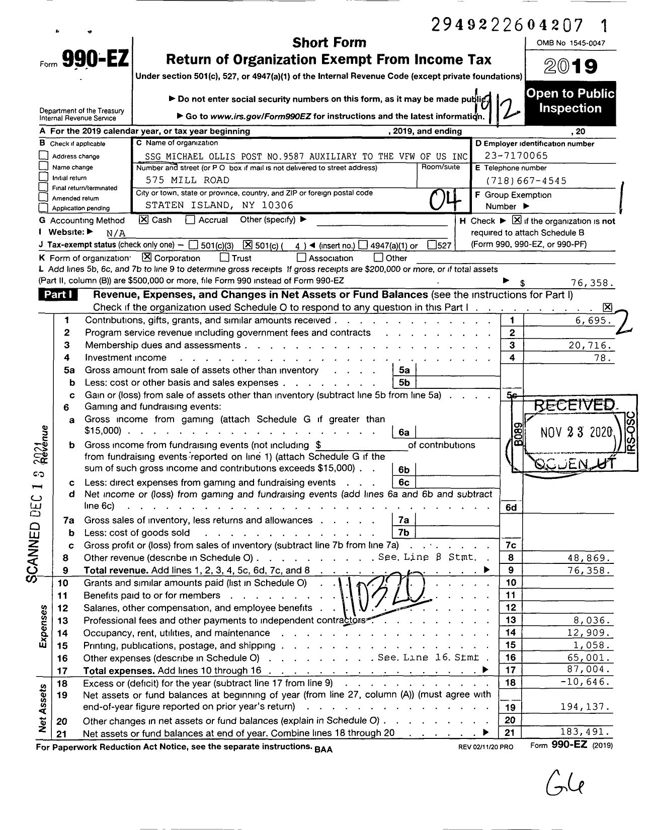 Image of first page of 2019 Form 990EO for SSG Michael Ollis Post No9587 Auxiliary To the VFW of Us