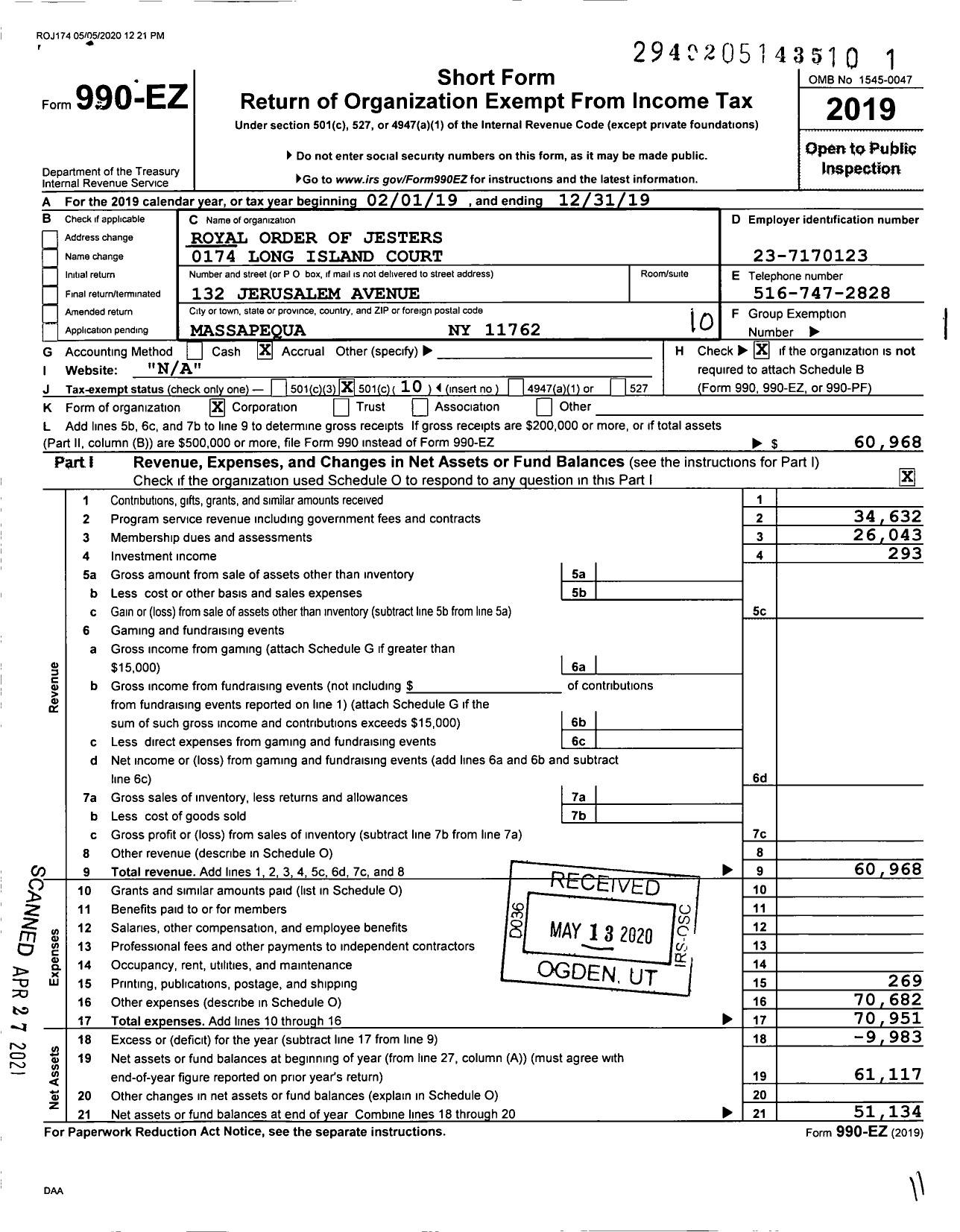 Image of first page of 2019 Form 990EO for Royal Order of Jesters - 0174 Long Island CT