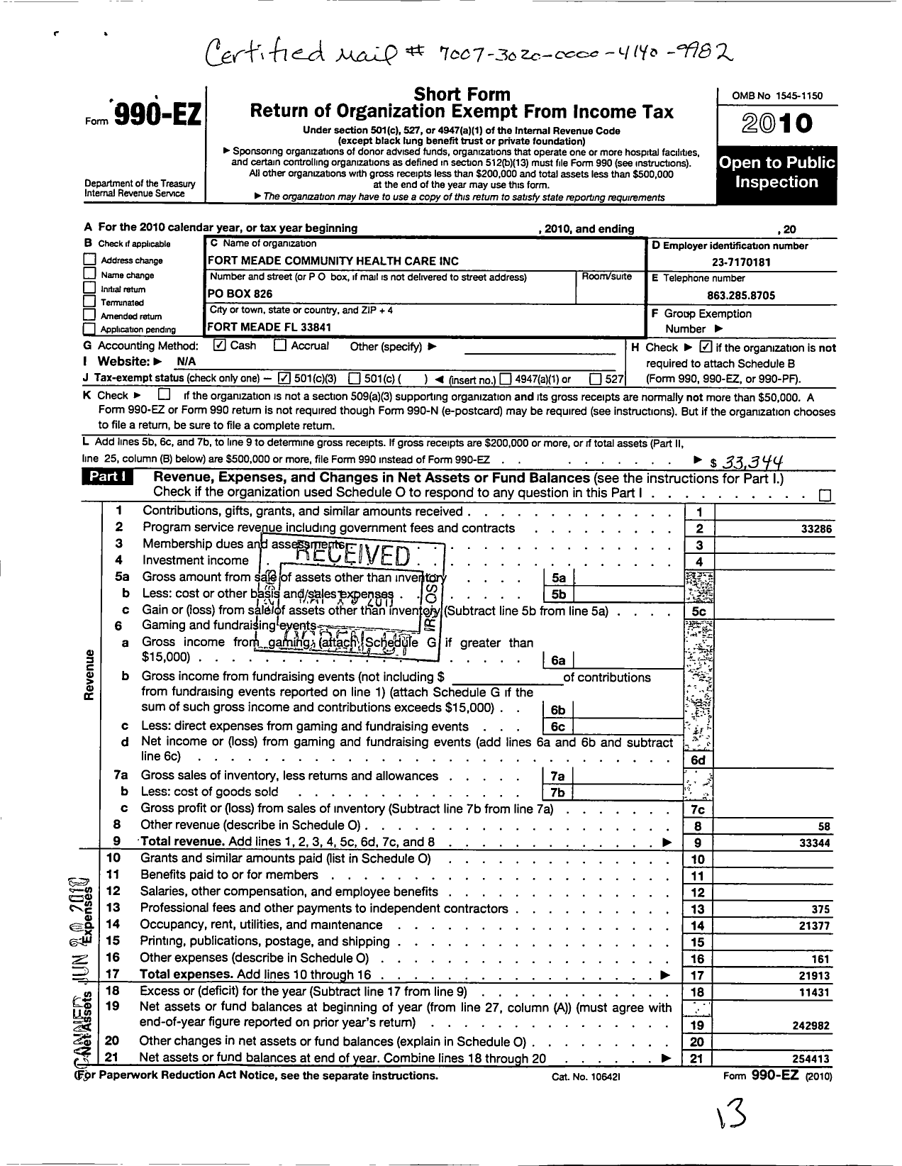 Image of first page of 2010 Form 990EZ for Fort Meade Community Health Care