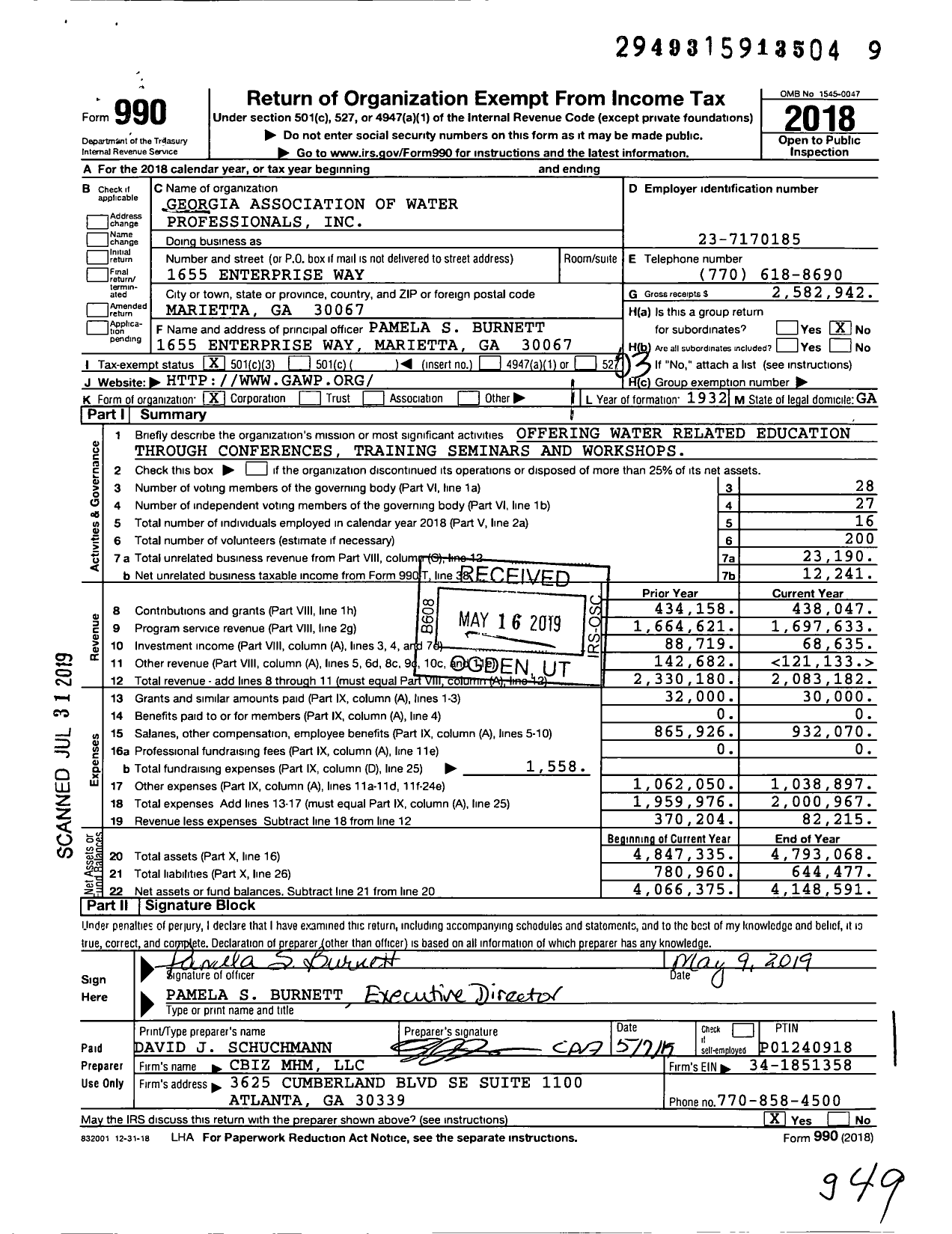 Image of first page of 2018 Form 990 for Georgia Association of Water Professionals