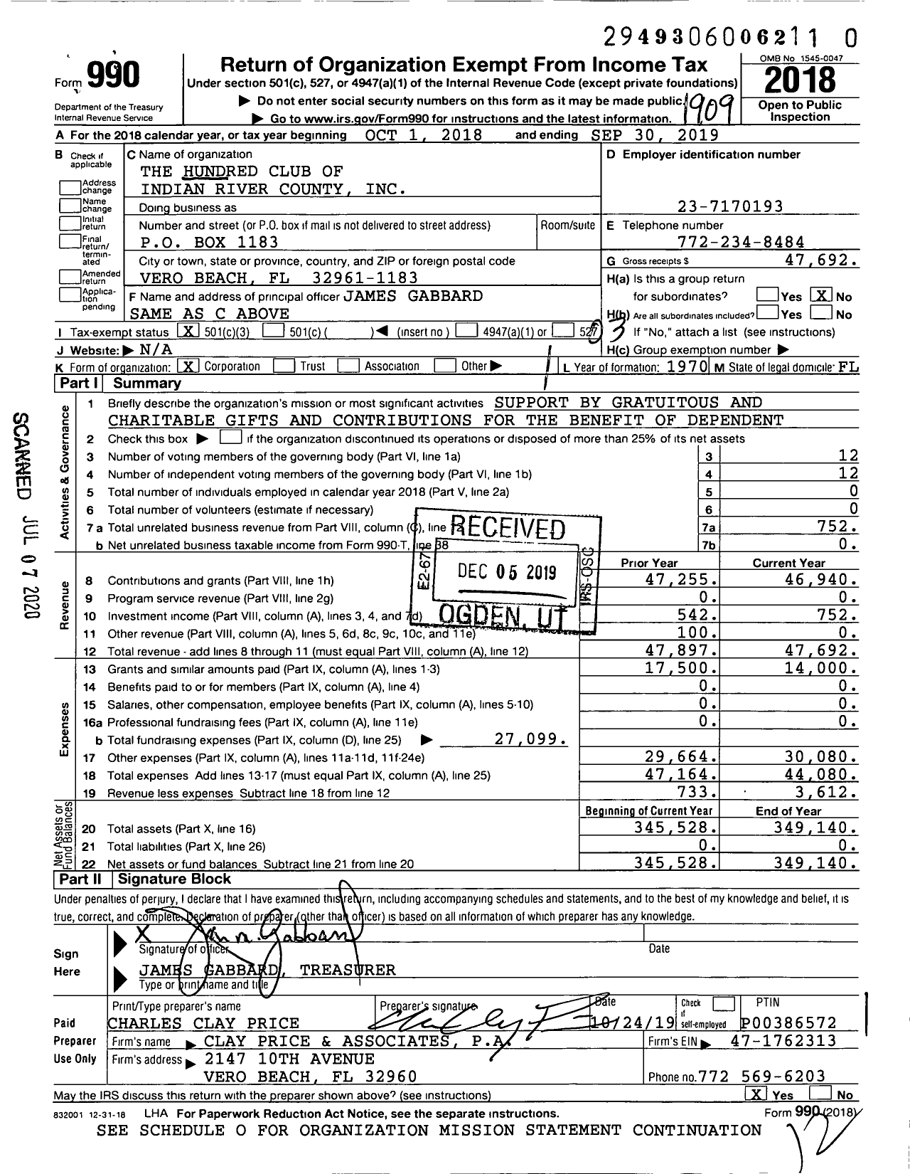 Image of first page of 2018 Form 990 for The Hundred Club of Indian River County