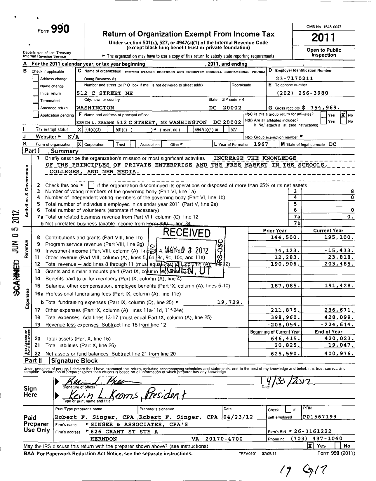 Image of first page of 2011 Form 990 for United States Business and Industrial Council Educational Foundation