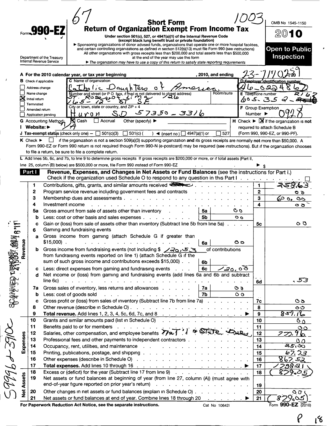 Image of first page of 2009 Form 990EO for Catholic Daughters of the Americas - 126 St Rosa of Lima