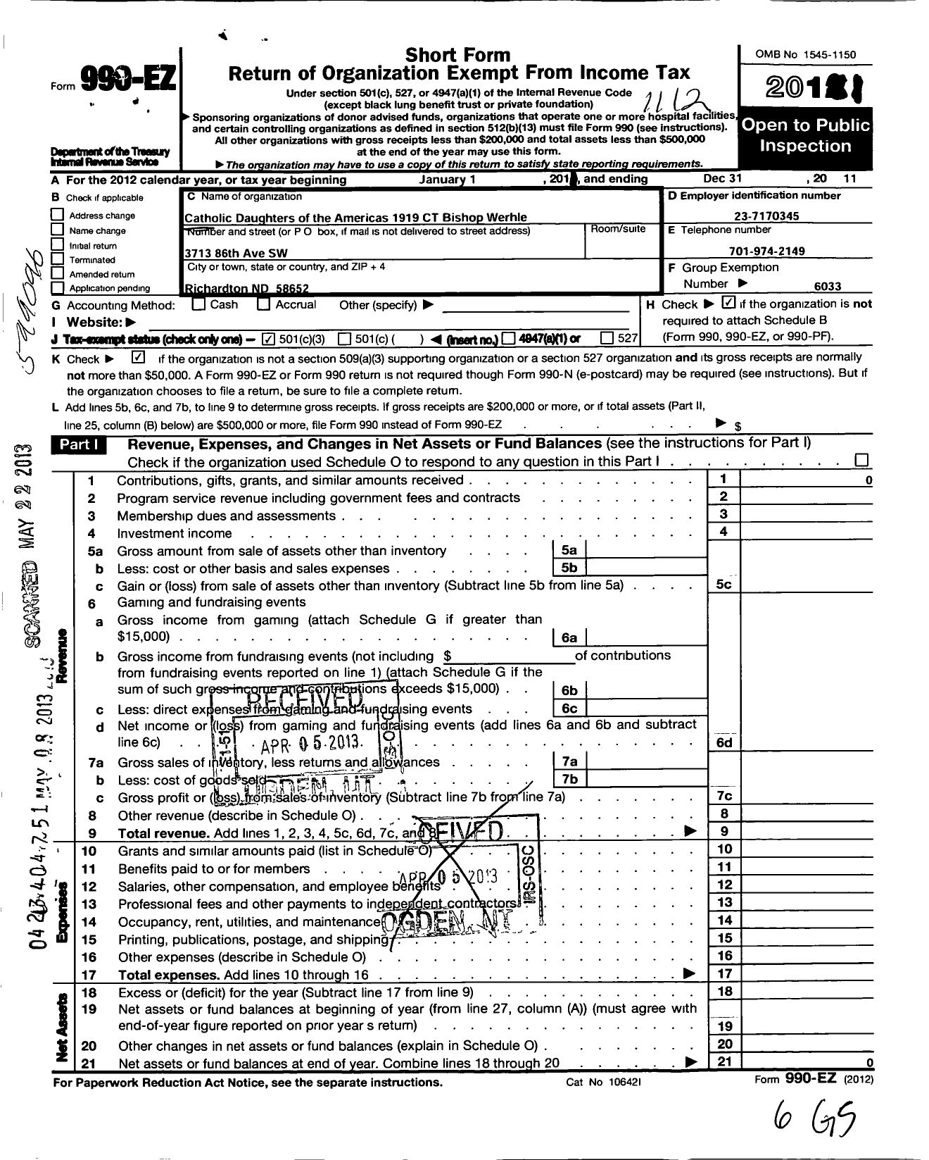 Image of first page of 2011 Form 990EZ for Catholic Daughters of the Americas - 1919 CT Bishop Wehrle