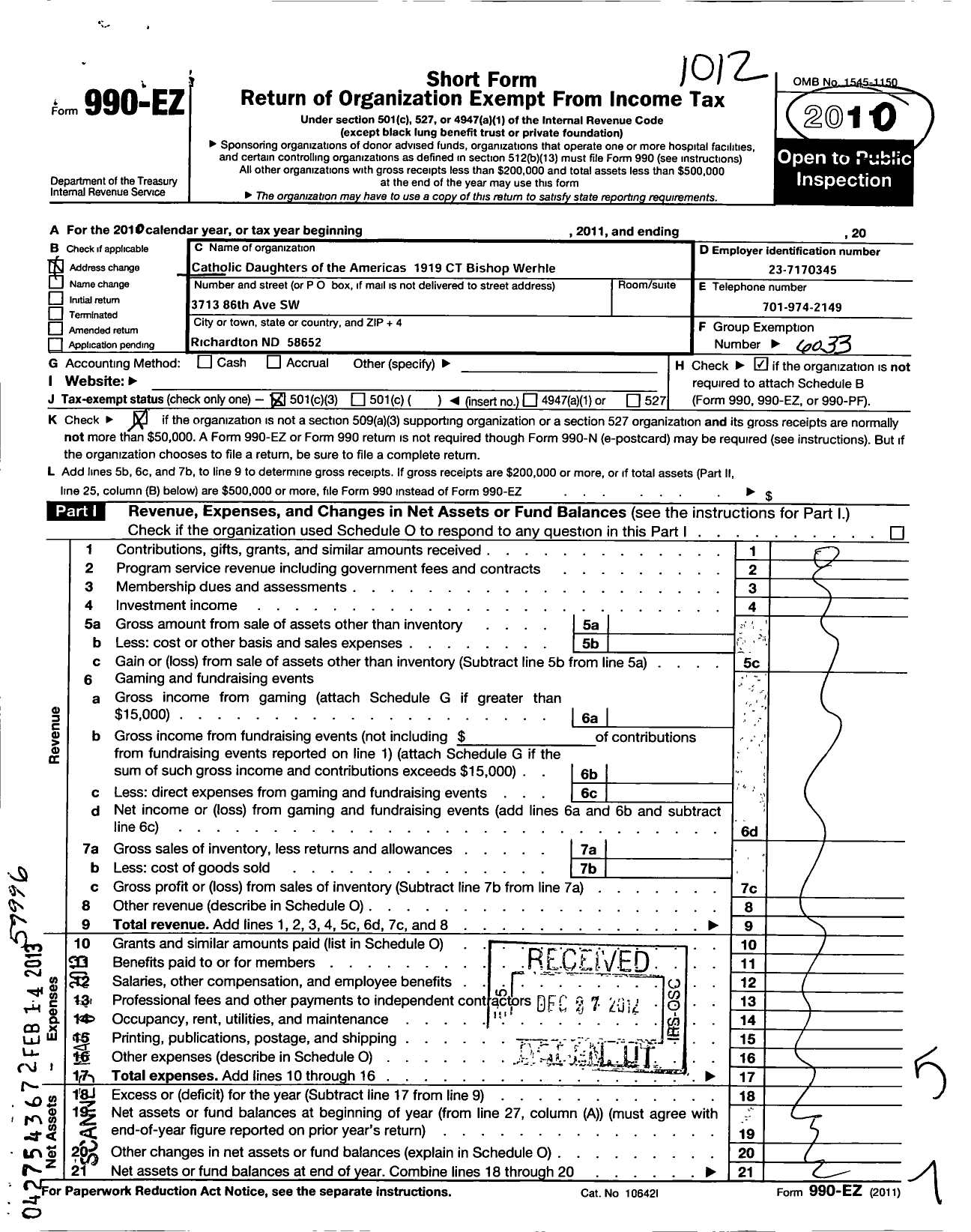 Image of first page of 2010 Form 990EZ for Catholic Daughters of the Americas - 1919 CT Bishop Wehrle