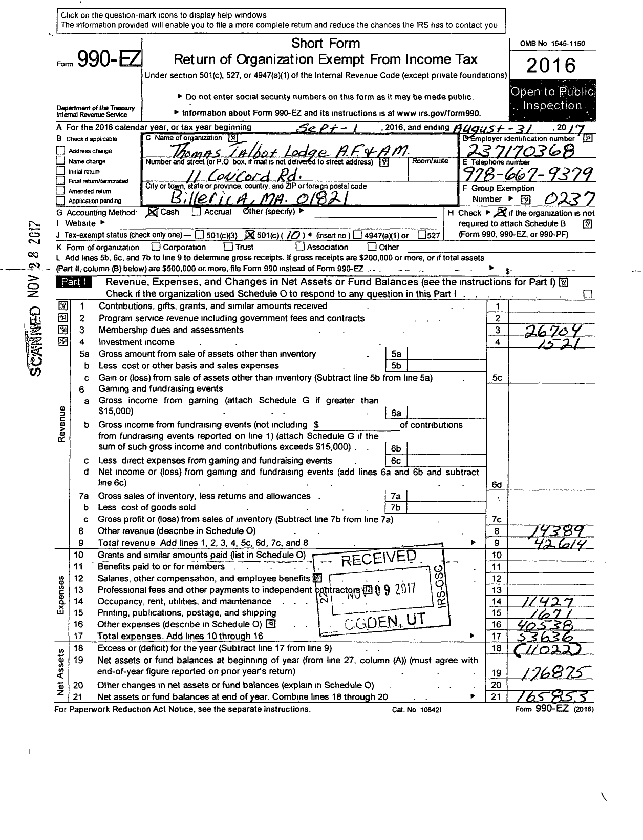 Image of first page of 2016 Form 990EO for Massachusetts Freemasons - Thomas Talbot Lodge AF and AM