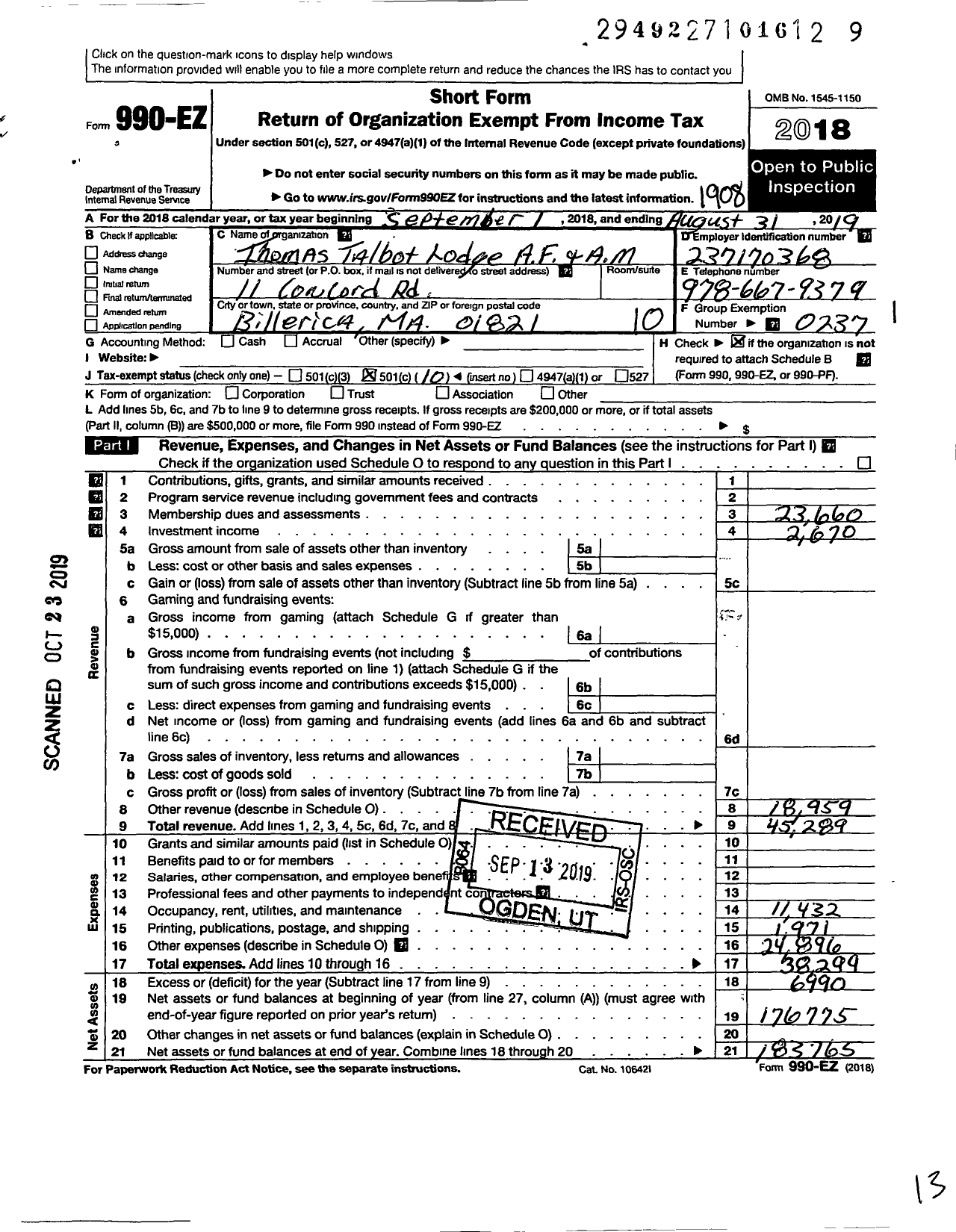 Image of first page of 2018 Form 990EO for Massachusetts Freemasons - Thomas Talbot Lodge AF and AM