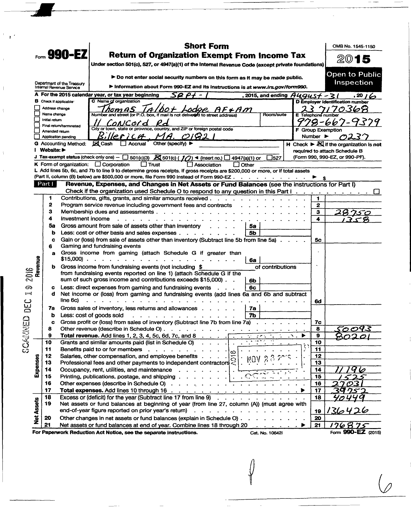 Image of first page of 2015 Form 990EO for Massachusetts Freemasons - Thomas Talbot Lodge AF and AM