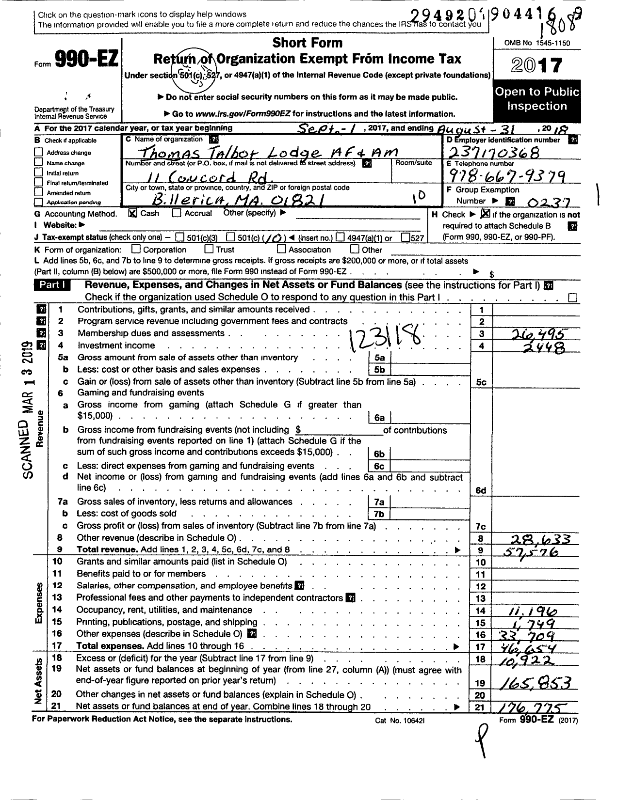 Image of first page of 2017 Form 990EO for Massachusetts Freemasons - Thomas Talbot Lodge AF and AM