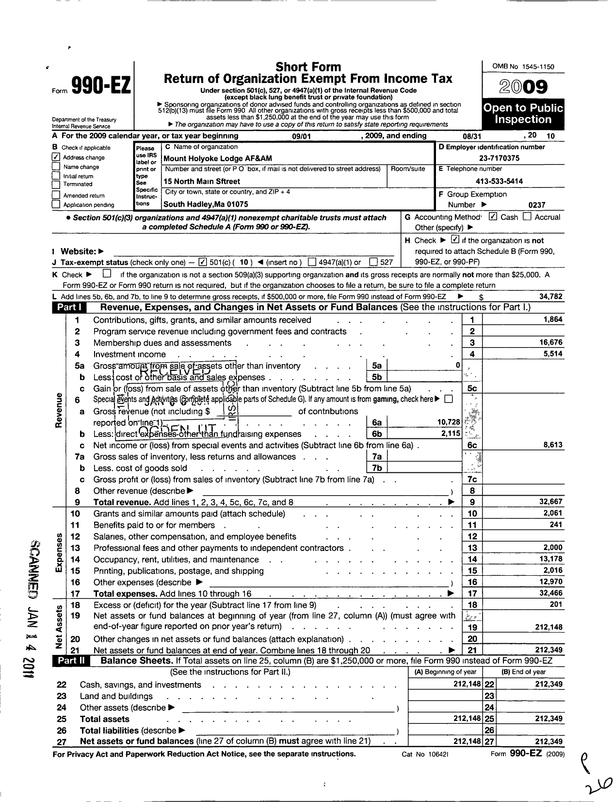 Image of first page of 2009 Form 990EO for Massachusetts Freemasons - Mount Holyoke Lodge