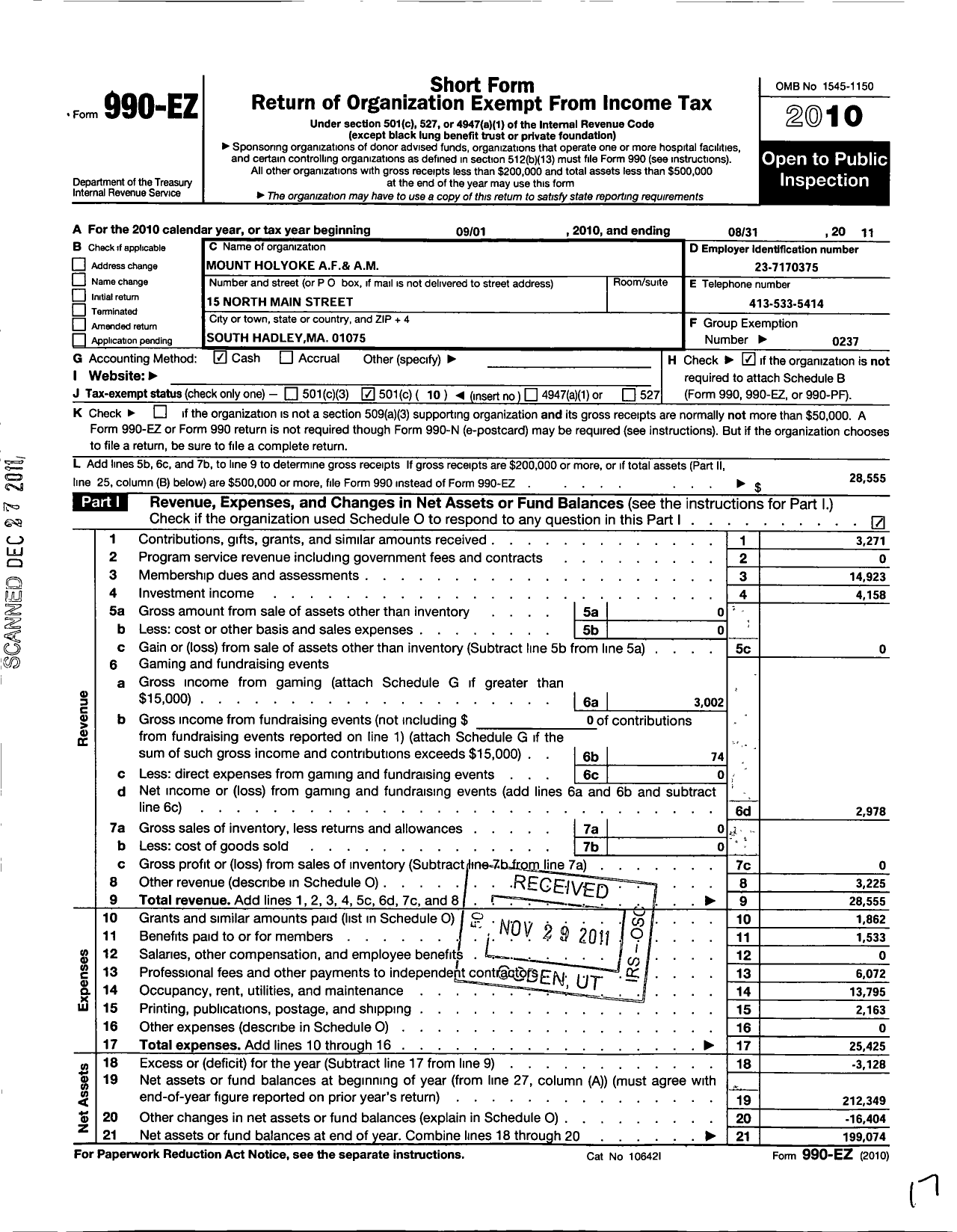 Image of first page of 2010 Form 990EO for Massachusetts Freemasons - Mount Holyoke Lodge