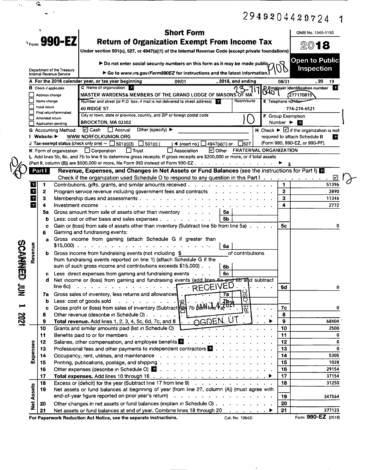 Image of first page of 2018 Form 990EO for Massachusetts Freemasons - Milton Lodge AF& AM