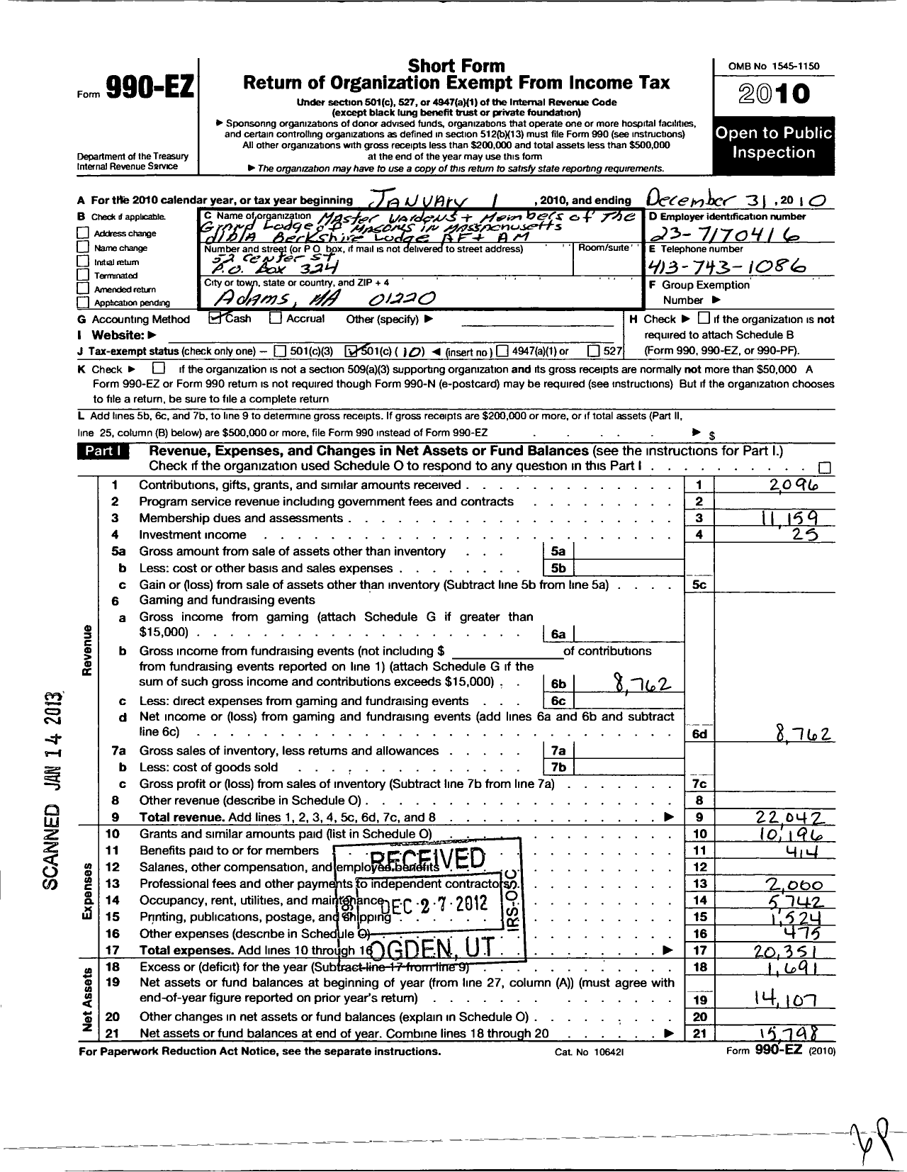 Image of first page of 2010 Form 990EO for Massachusetts Freemasons - Berkshire Lodge Af and Am